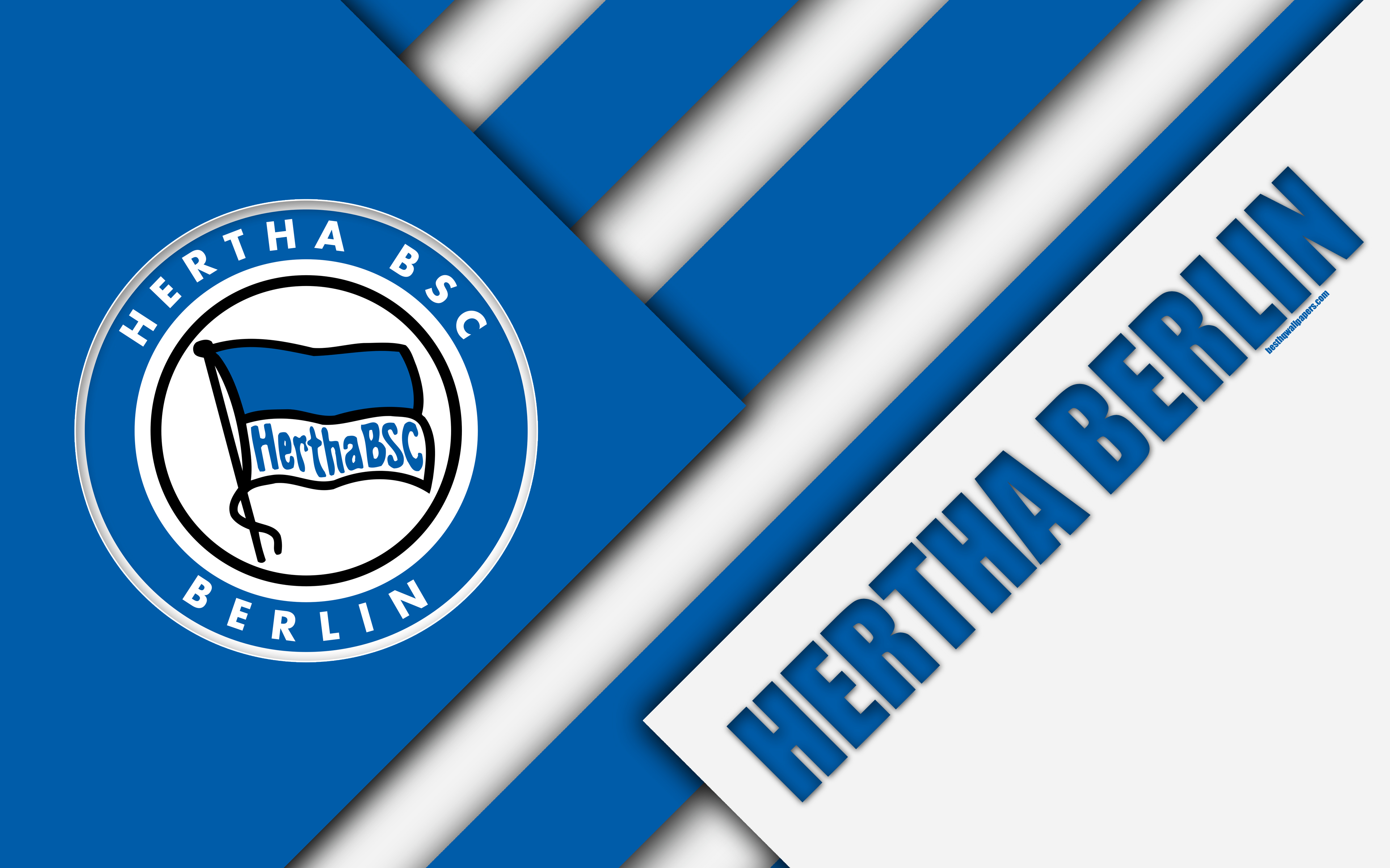 3840x2400 Download wallpaper Hertha Berlin, FC, 4k, material design, emblem, german football club, Hertha BSC logo, Bundesliga, blue abstraction, Berlin, Germany for desktop with resolution. High Quality HD picture wallpaper, Desktop