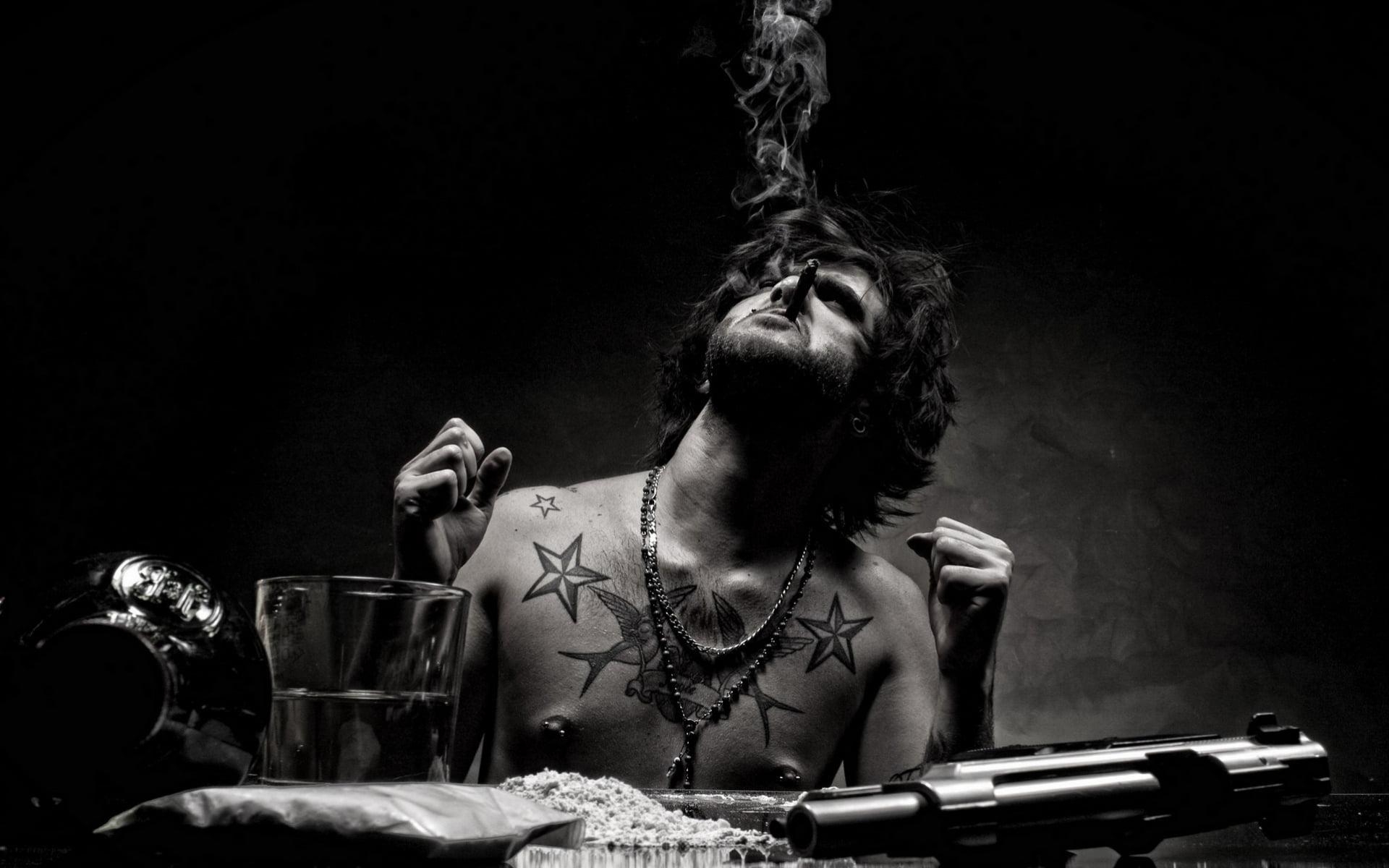 1920x1200 Grayscale photo of man releasing a cigarette smoke on top HD, Desktop