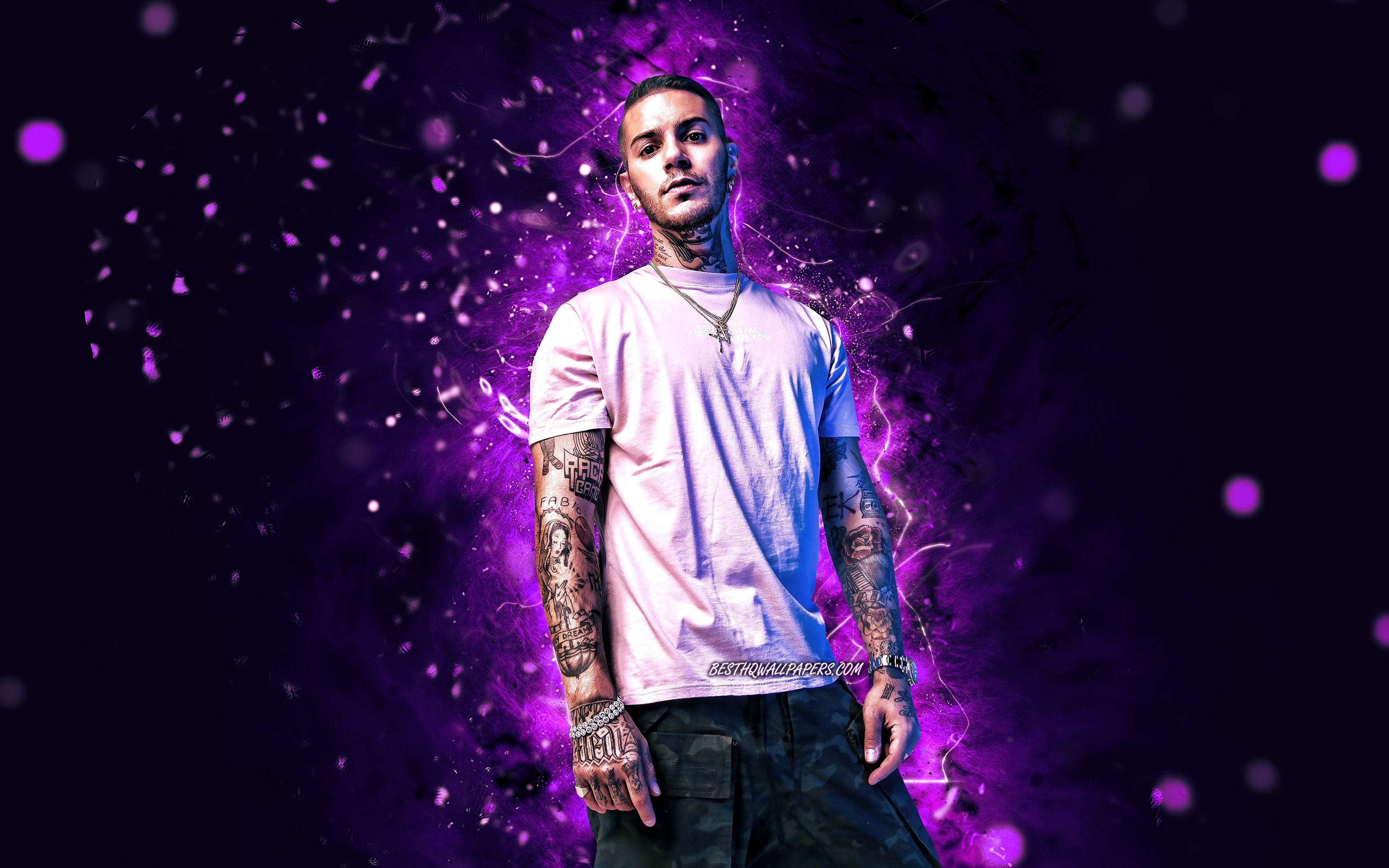 3840x2400 Download wallpaper Tedua, 4k, violet neon lights, italian rapper, music stars, Mario Molinari, italian celebrity, Tedua 4K for desktop with resolution. High Quality HD picture wallpaper, Desktop