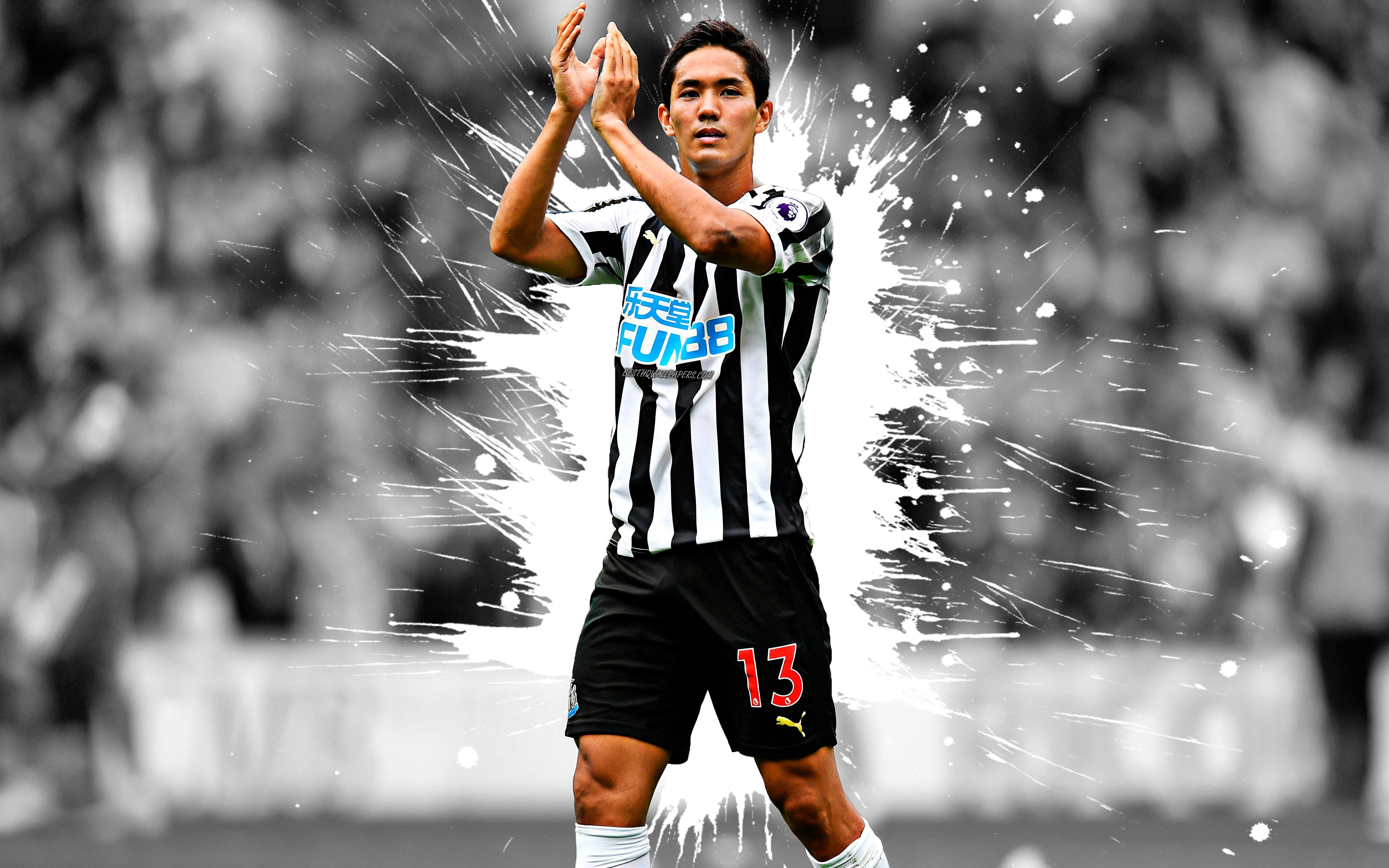 3840x2400 Download wallpaper Yoshinori Muto, 4k, art, Newcastle United FC, Japanese football player, splashes of paint, grunge art, creative art, Premier League, England, football for desktop with resolution. High Quality HD picture, Desktop