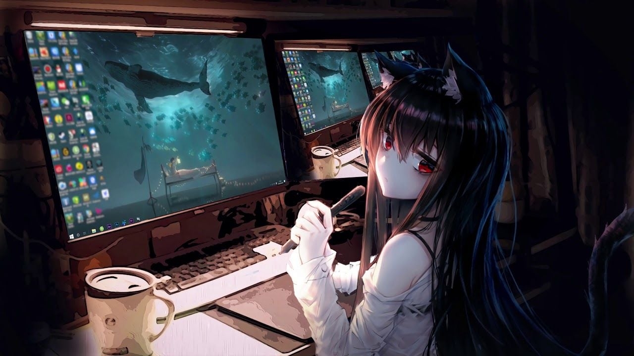 1280x720 Anime Girl and Computers 4K Live Wallpaper, Desktop