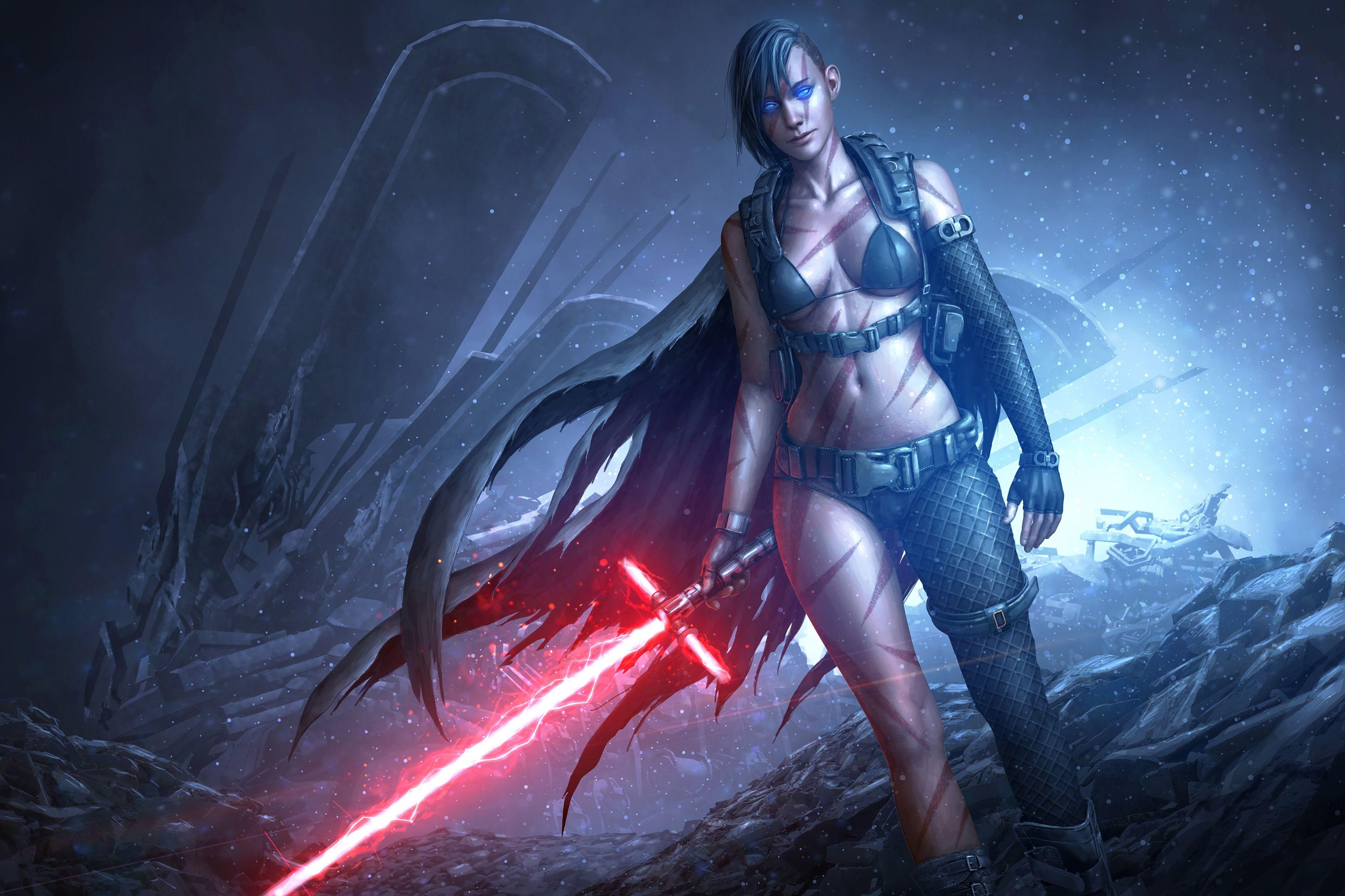 3840x2560 Star Wars Girl Lightsaber Red Game 4K Wallpaper, Desktop