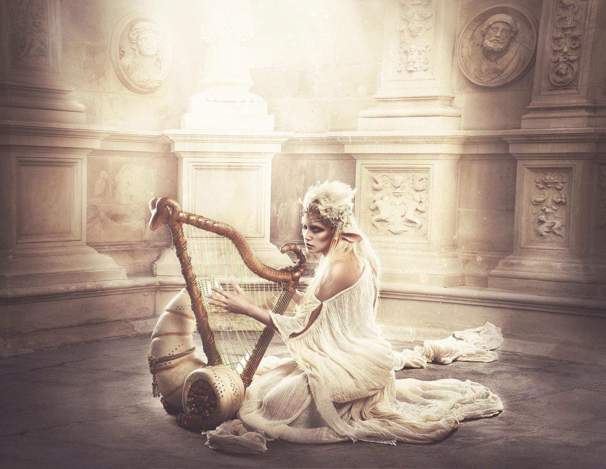 2050x1590 Golden elf with harp in fantasy land HD Wallpaper. Background Image, Desktop