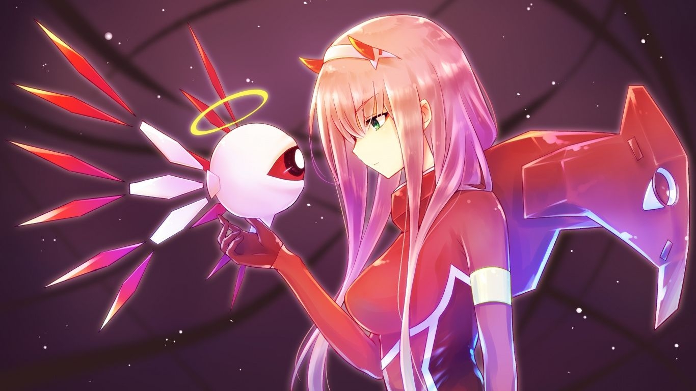 1370x770 Download  wallpaper anime girl, robot, zero two, long hair, Desktop