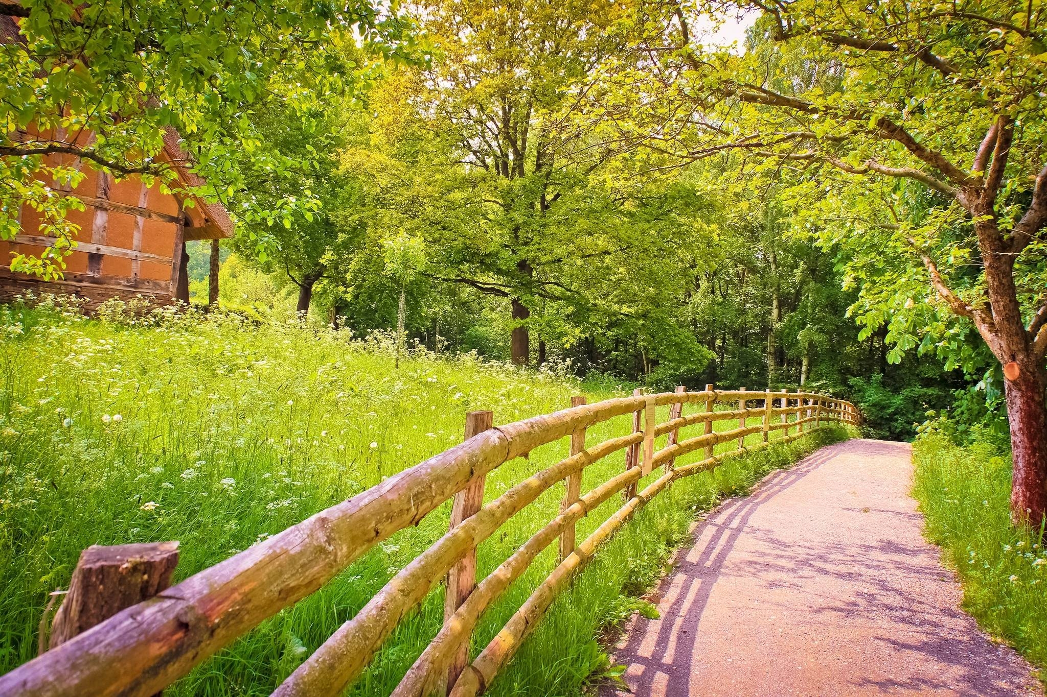 2050x1370 Road shadow fence wood trees grass green house summer nature, Desktop