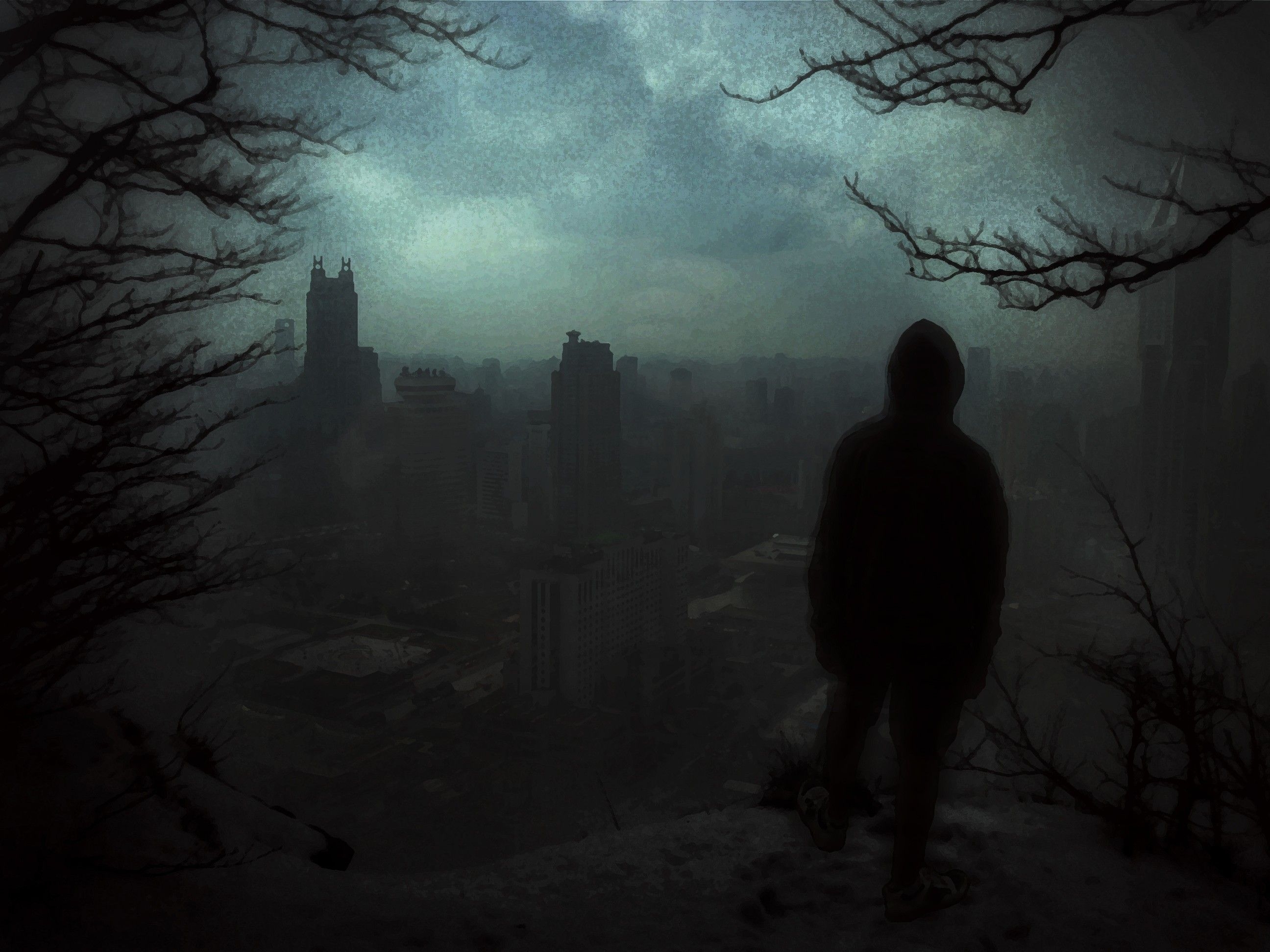 2600x1950 #nightmare, #Shanghai, #alone, #dark, #rear view, #trees, Desktop