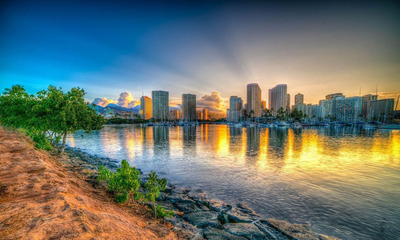 1280x770 Wallpaper Hawaii Honolulu HDR Sunrises and sunsets Bay Coast Cities, Desktop