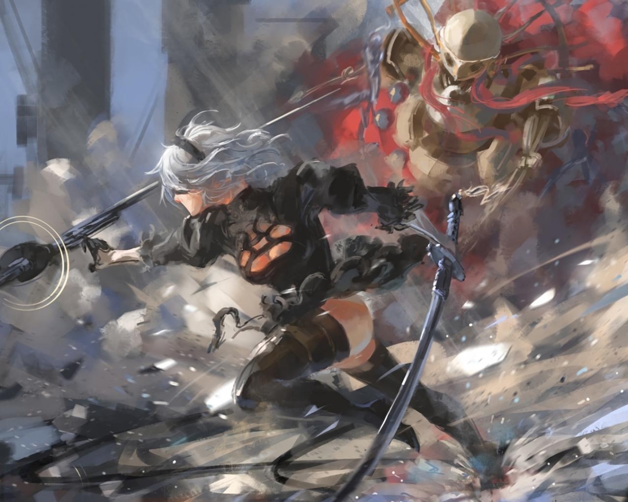 1280x1030 Download  Wallpaper Nier: Automata, Artwork, Fight, 2 B, Desktop