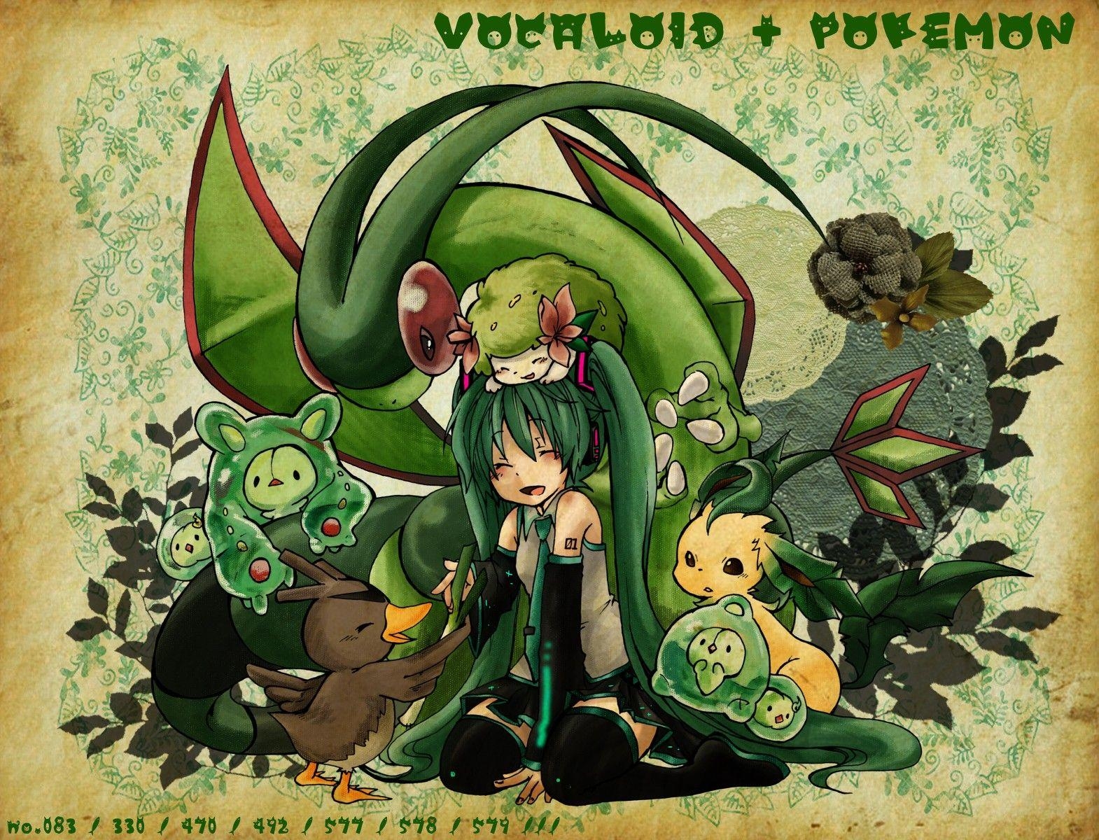 1570x1200 pokemon, Vocaloid, Hatsune Miku, Flygon, Leafeon, Shaymin wallpaper, Desktop