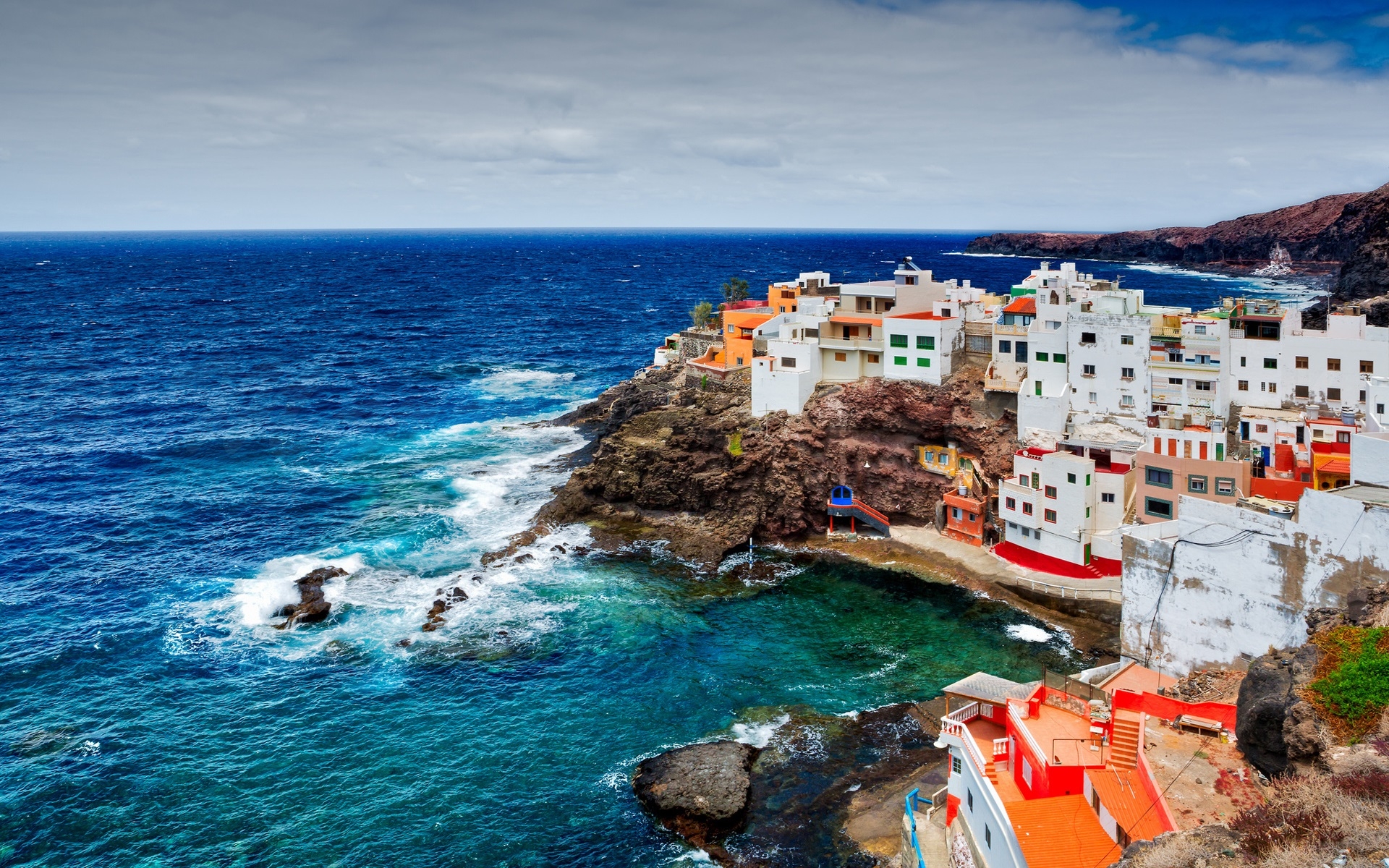 1920x1200 Wallpaper Spain, Canary Islands, ocean, rocks, cliffs, coast, houses, Desktop