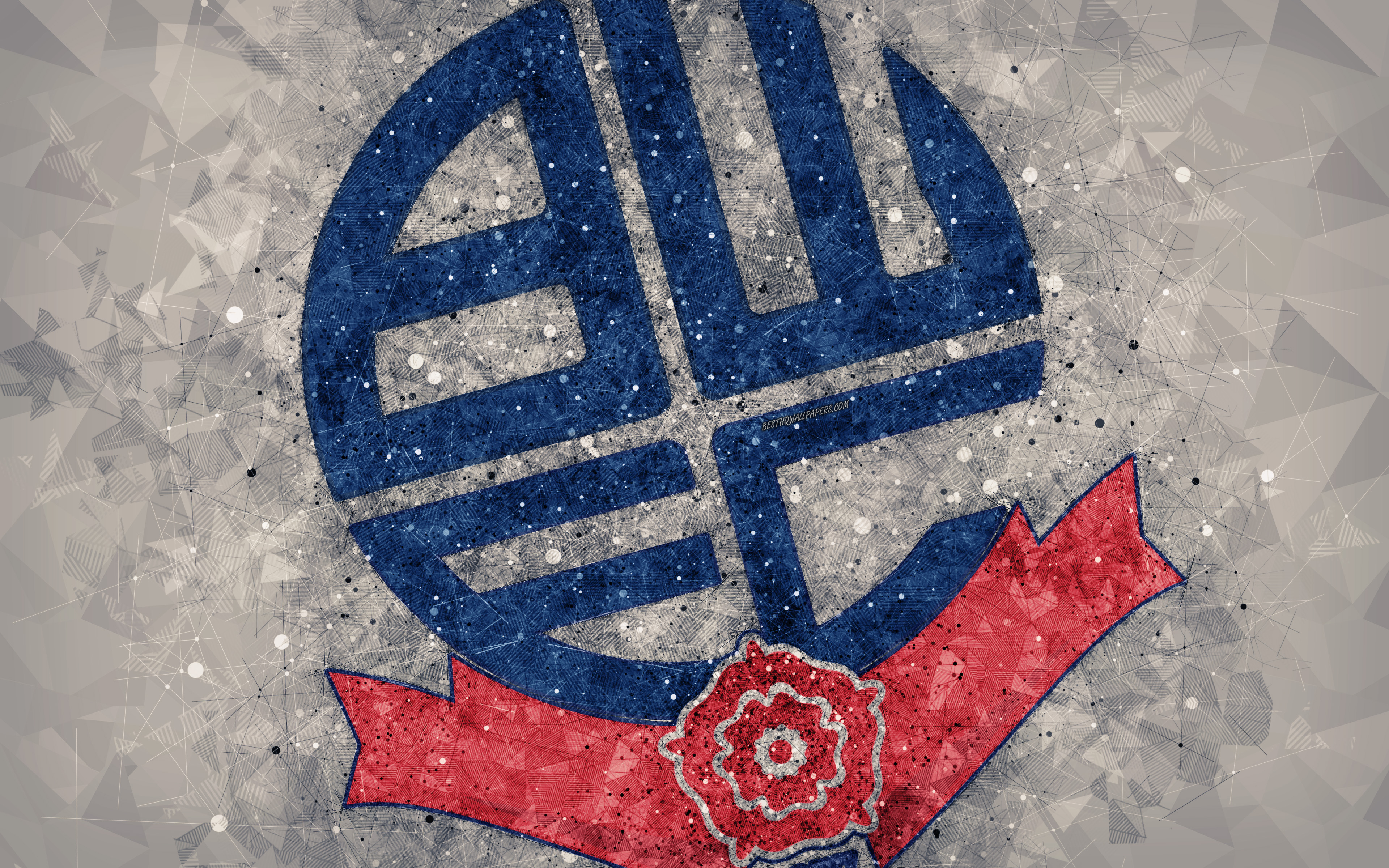 3840x2400 Download wallpaper Bolton Wanderers FC, 4k, geometric art, logo, blue abstract background, English football club, emblem, EFL Championship, Bolton, Greater Manchester, England, United Kingdom, football, English Championship for desktop with resolution, Desktop