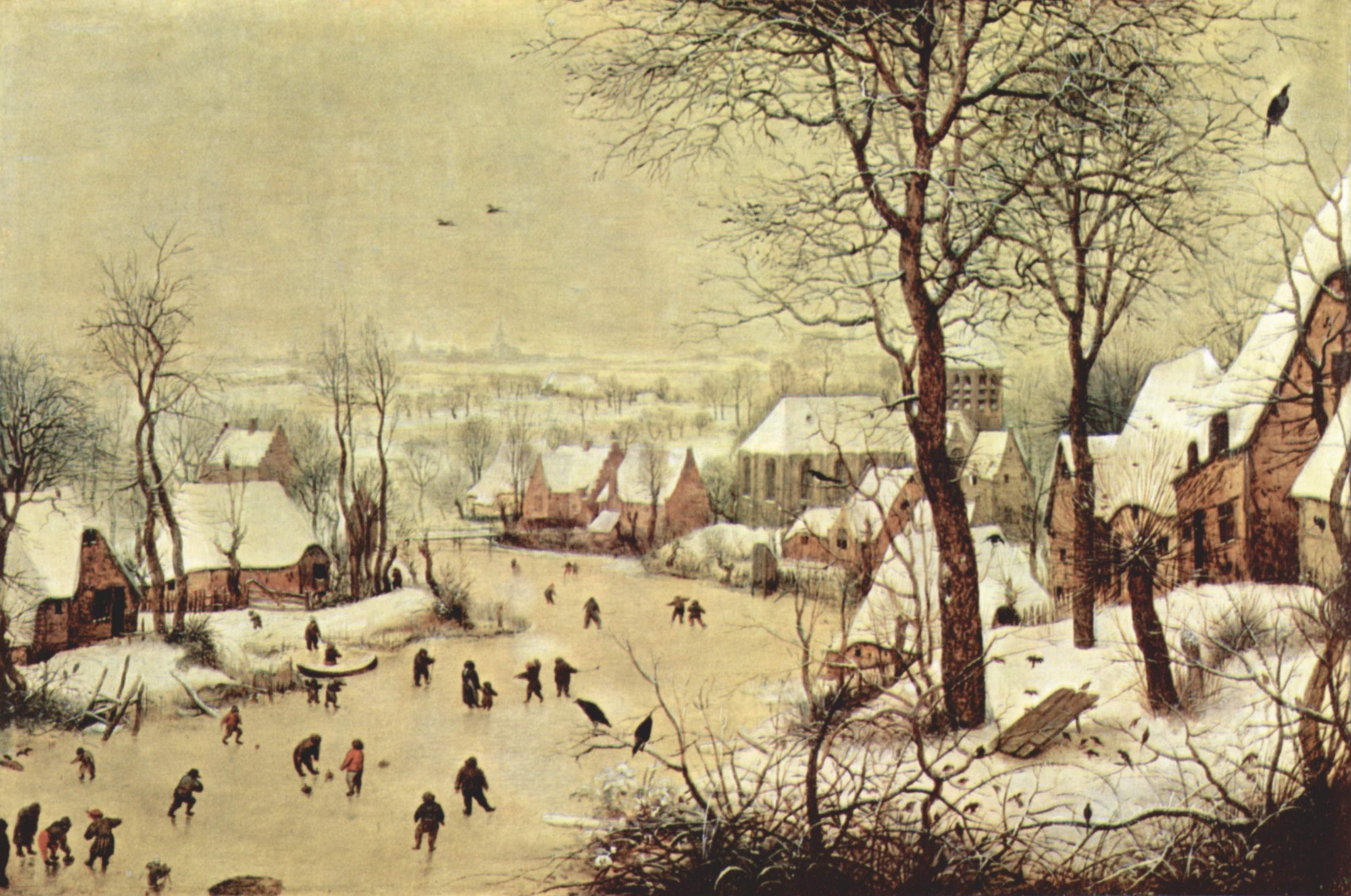 3200x2130 Winter Landscape with Ice skaters and Bird trap, Desktop