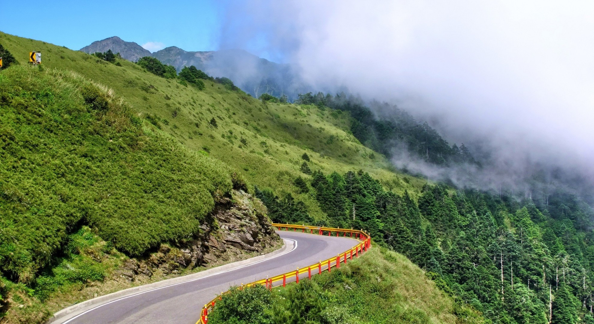 1980x1080 Download  Bend, Road, Trees, Clouds, Mountain Wallpaper, Desktop