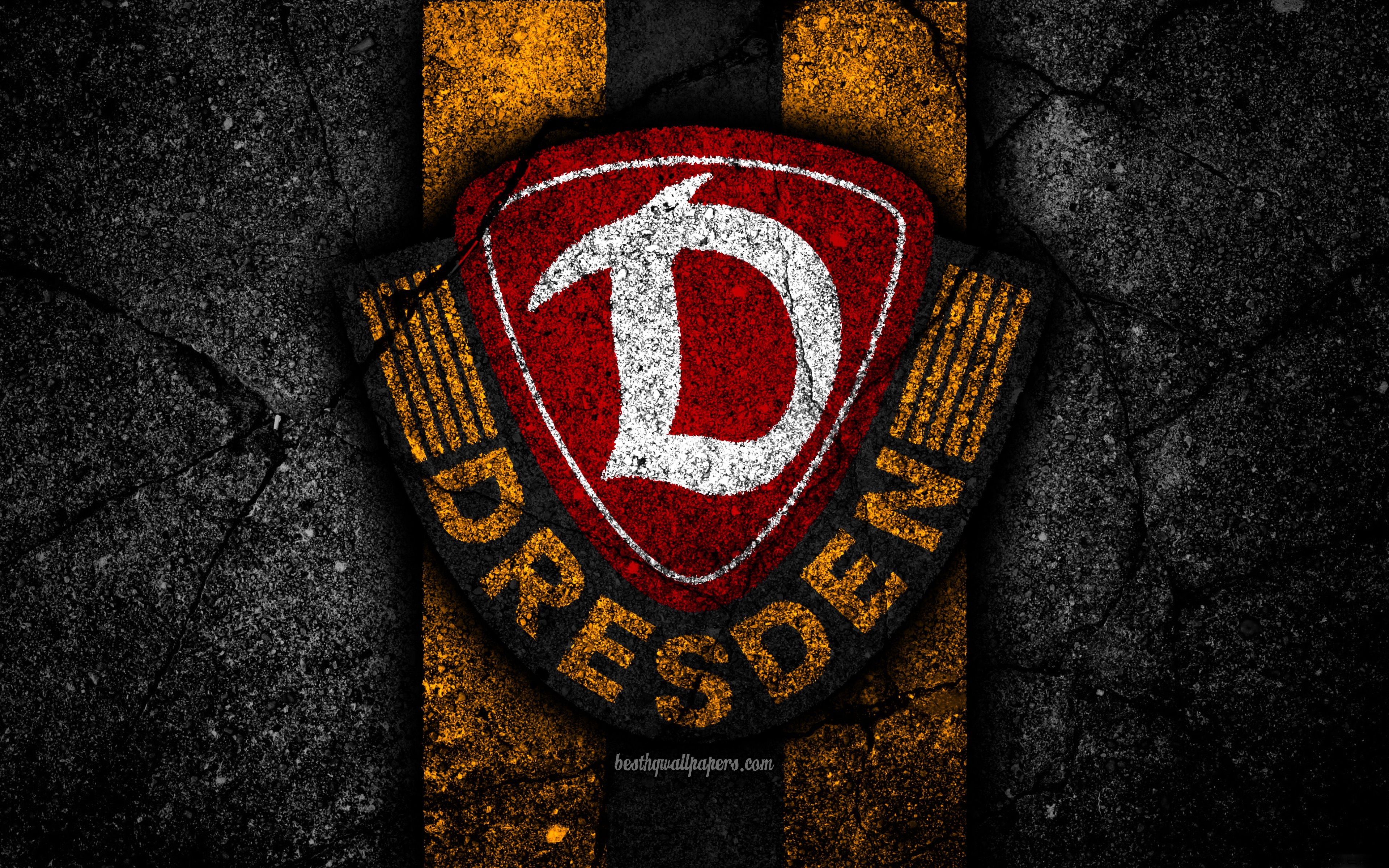 3840x2400 Download wallpaper Dynamo Dresden FC, 4k, grunge, logo, Bundesliga creative, German football team, black stone, SG Dynamo Dresden, emblem, asphalt texture, Germany, FC Dynamo Dresden for desktop with resolution. High, Desktop