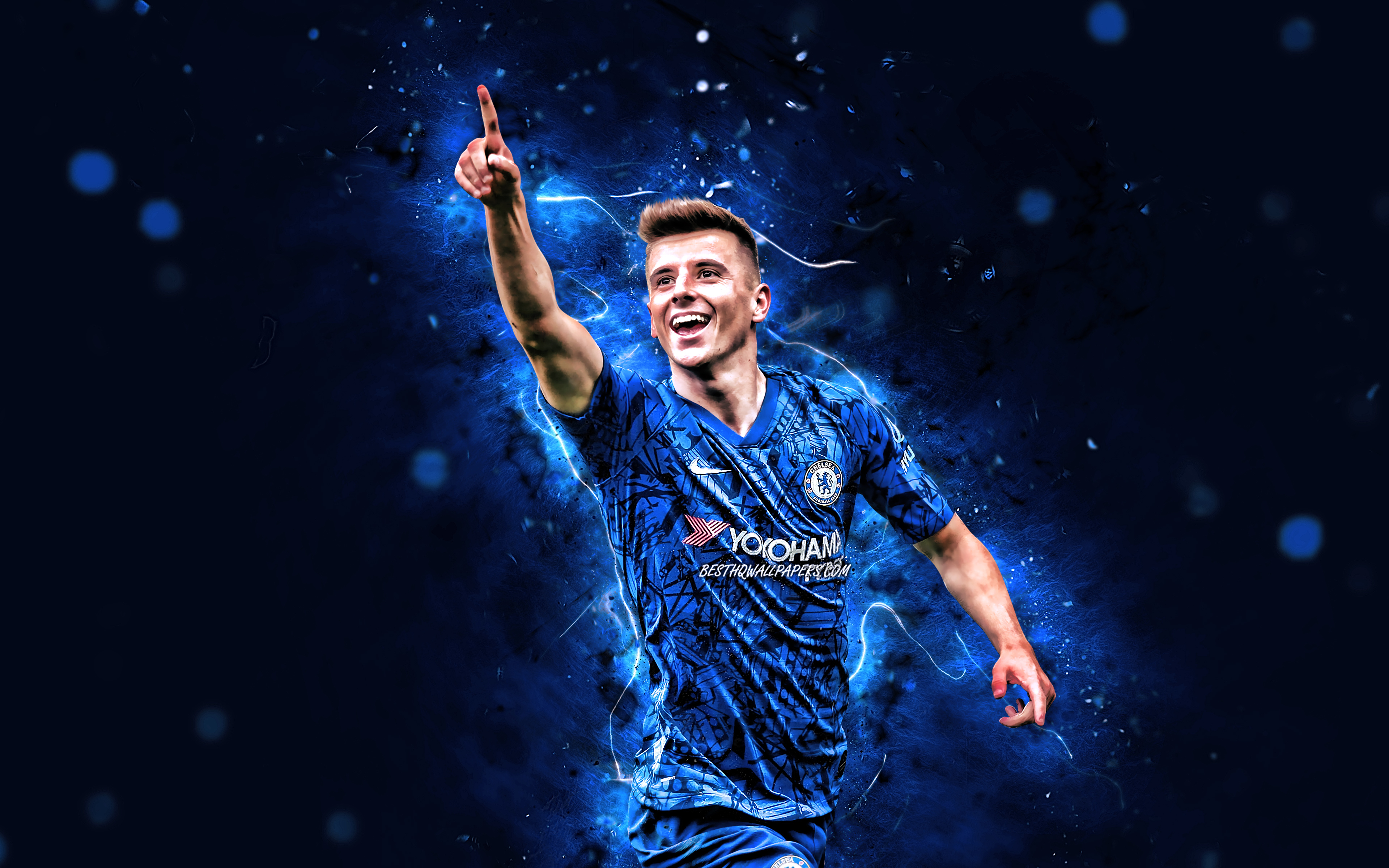 3840x2400 Download wallpaper Mason Mount, 4k, Chelsea FC, english footballers, Premier League, soccer, Mount Chelsea, football, blue neon lights, England, Mason Mount 4K for desktop with resolution. High Quality HD picture, Desktop