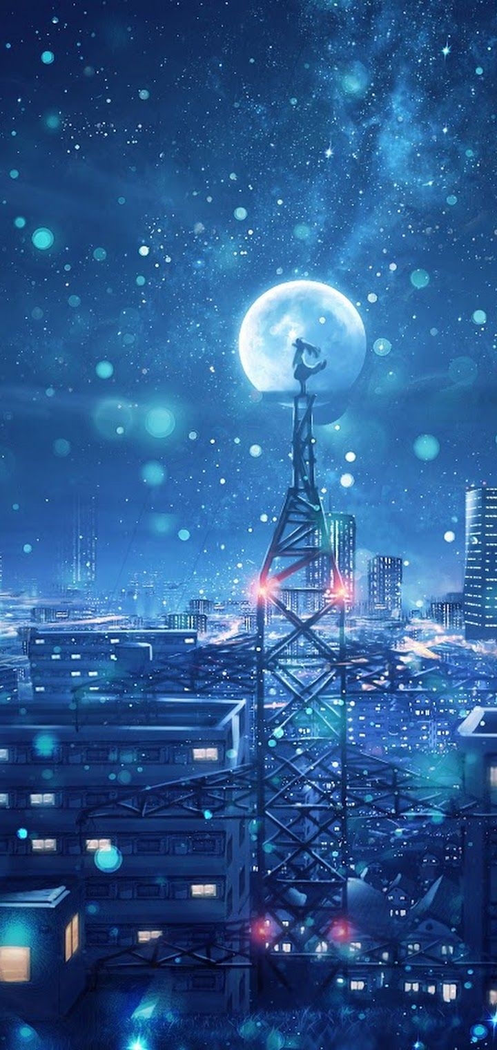 720x1520 Night, Sky, City, Stars, Anime, Scenery, 4k, Phone, Phone