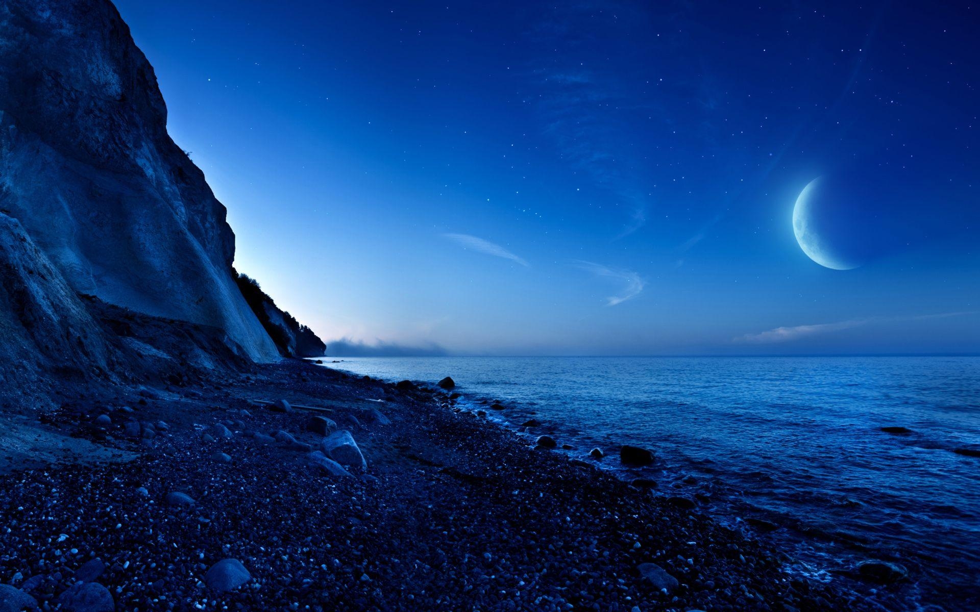 1920x1200 Nightfall Mountain Sea Moon Wallpaper, Desktop