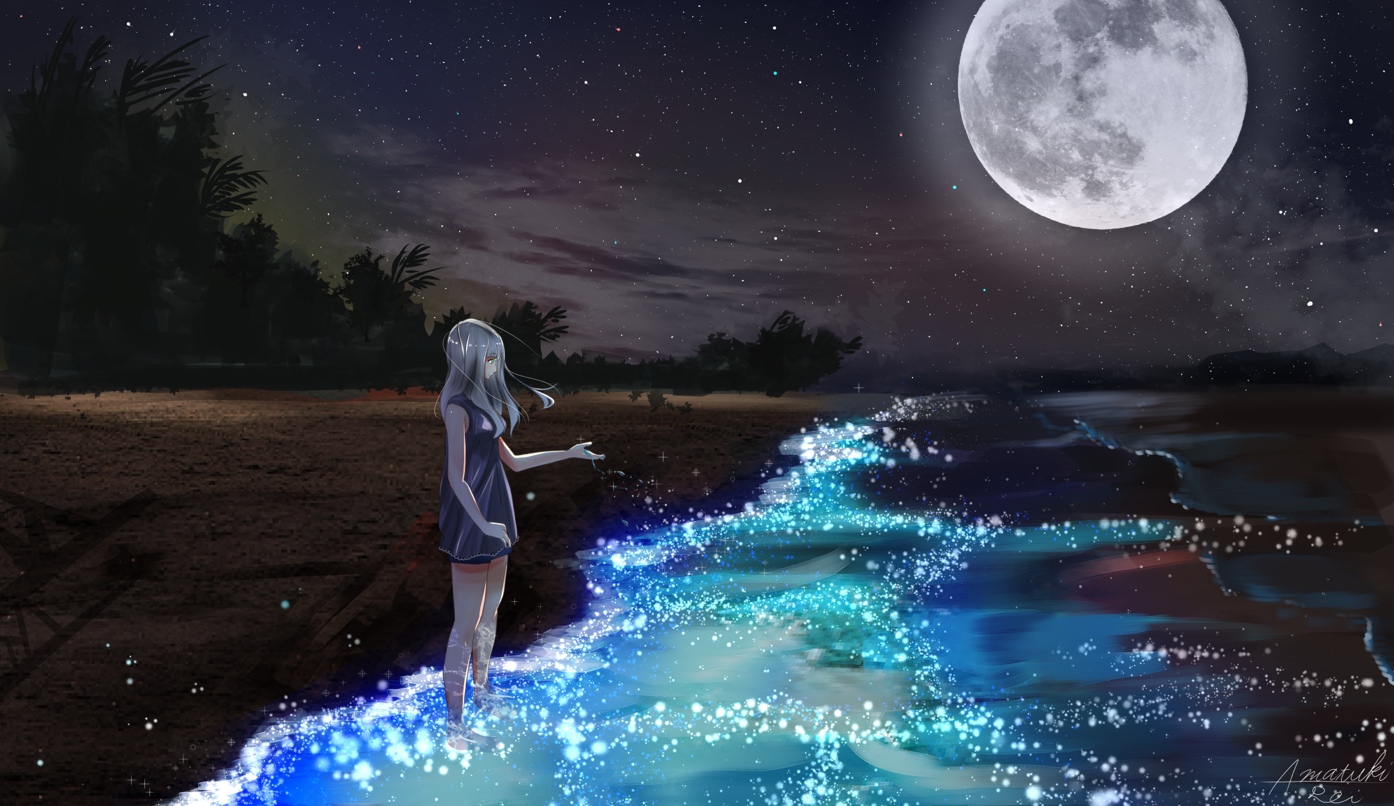 2000x1160 Anime Girl At Seashore Dark Moon, HD Anime, 4k Wallpaper, Desktop