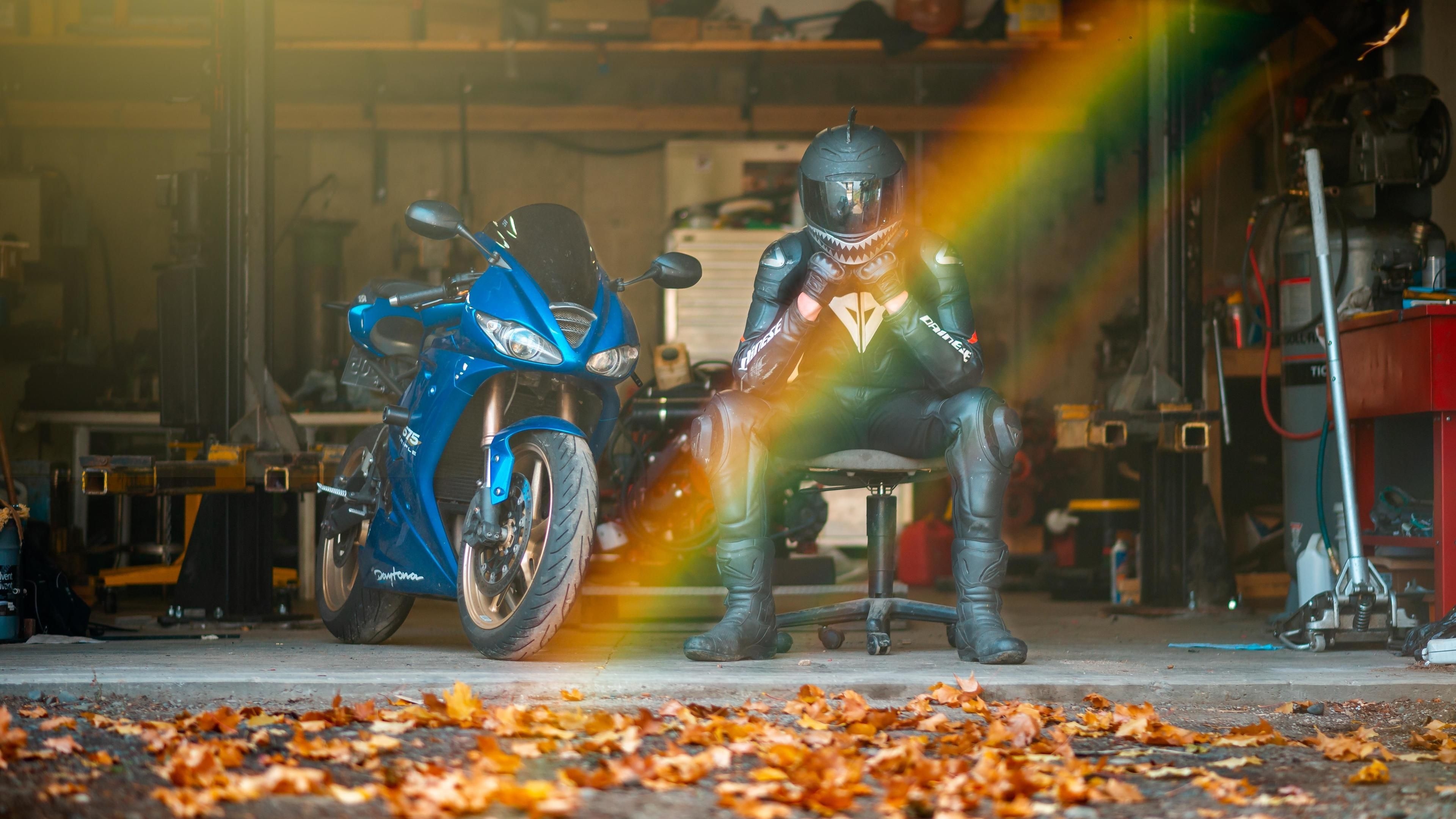 3840x2160 Rider With Daytona 675 Triple Sitting On Chair helmet wallpaper, hd- wallpaper, daytona wallpaper, bikes wallpaper. HD motorcycles, Motorcycle wallpaper, Rider, Desktop