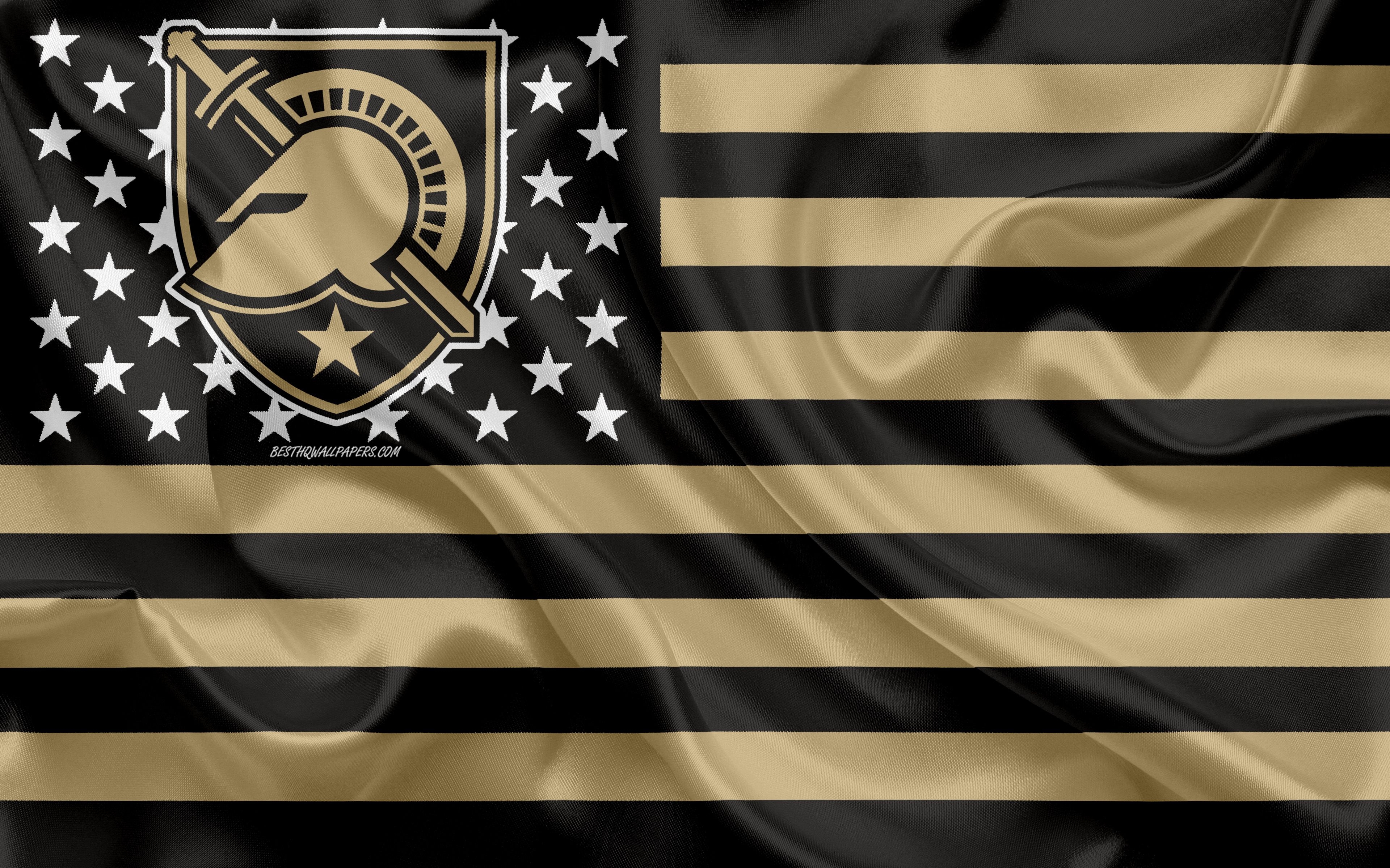 3840x2400 Download wallpaper Army Black Knights, American football team, creative American flag, gold black flag, NCAA, West Point, New York, USA, Army Black Knights logo, emblem, silk flag, American football for desktop with, Desktop