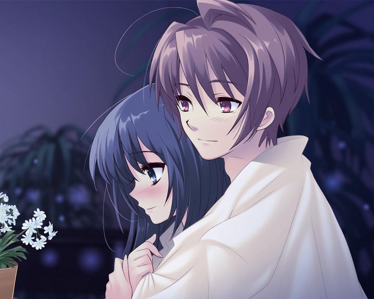 1280x1030 Download wallpaper  anime, boy, girl, pot, flower, hug, tenderness standard 5:4 HD background, Desktop