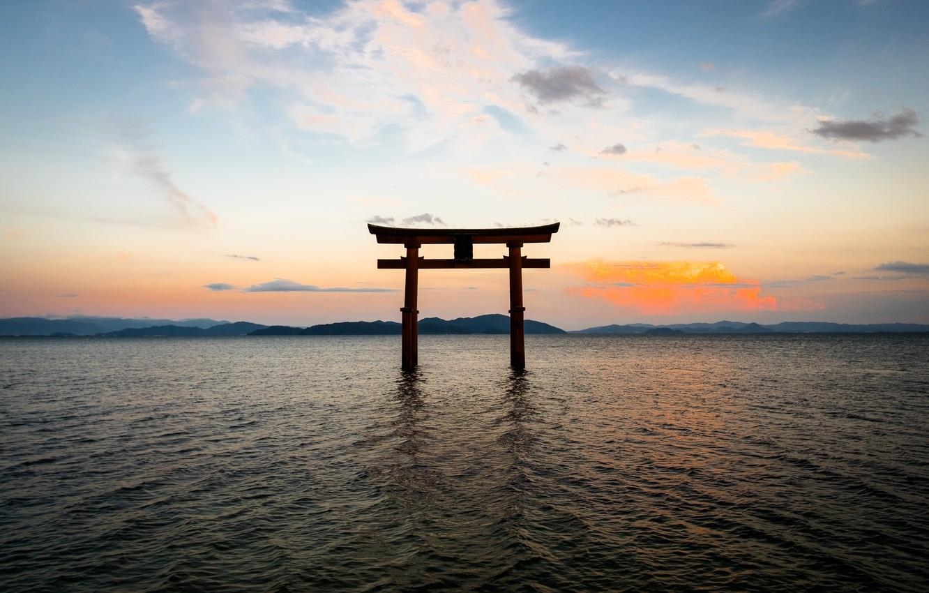 1340x850 Wallpaper the sky, landscape, the ocean, gate, Japan, Japan, torii, Desktop