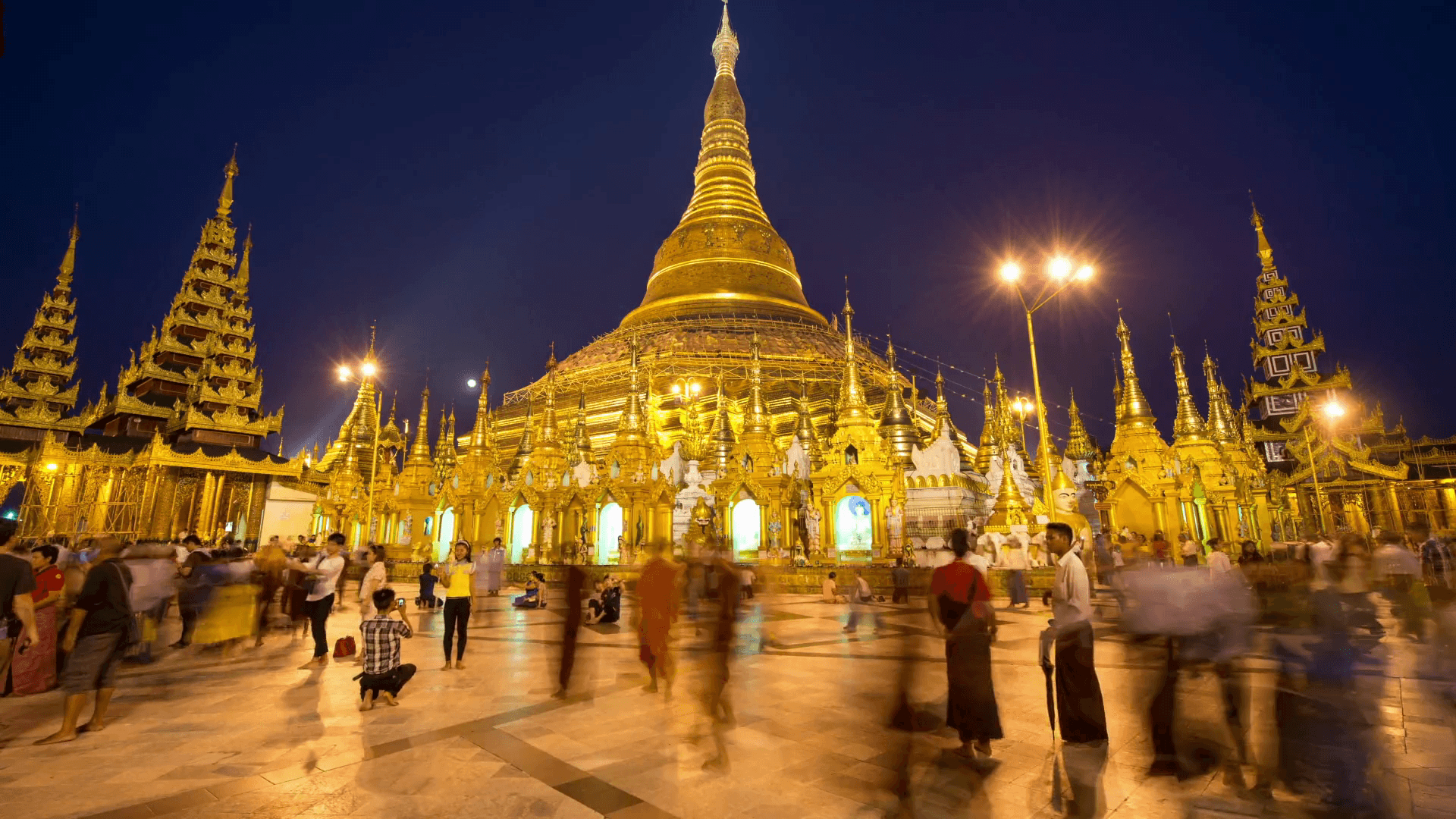 1920x1080 Time Lapse Shwedagon Pagoda at Night Myanmar Burma Stock Video, Desktop