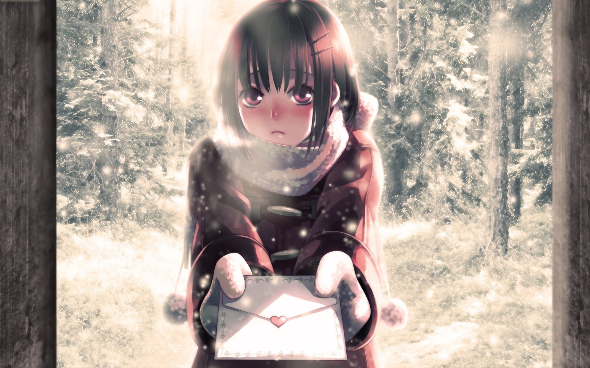 1920x1200 winter, snow, cold, short hair, blush, anime girls, letter, original characters wallpaper, Desktop