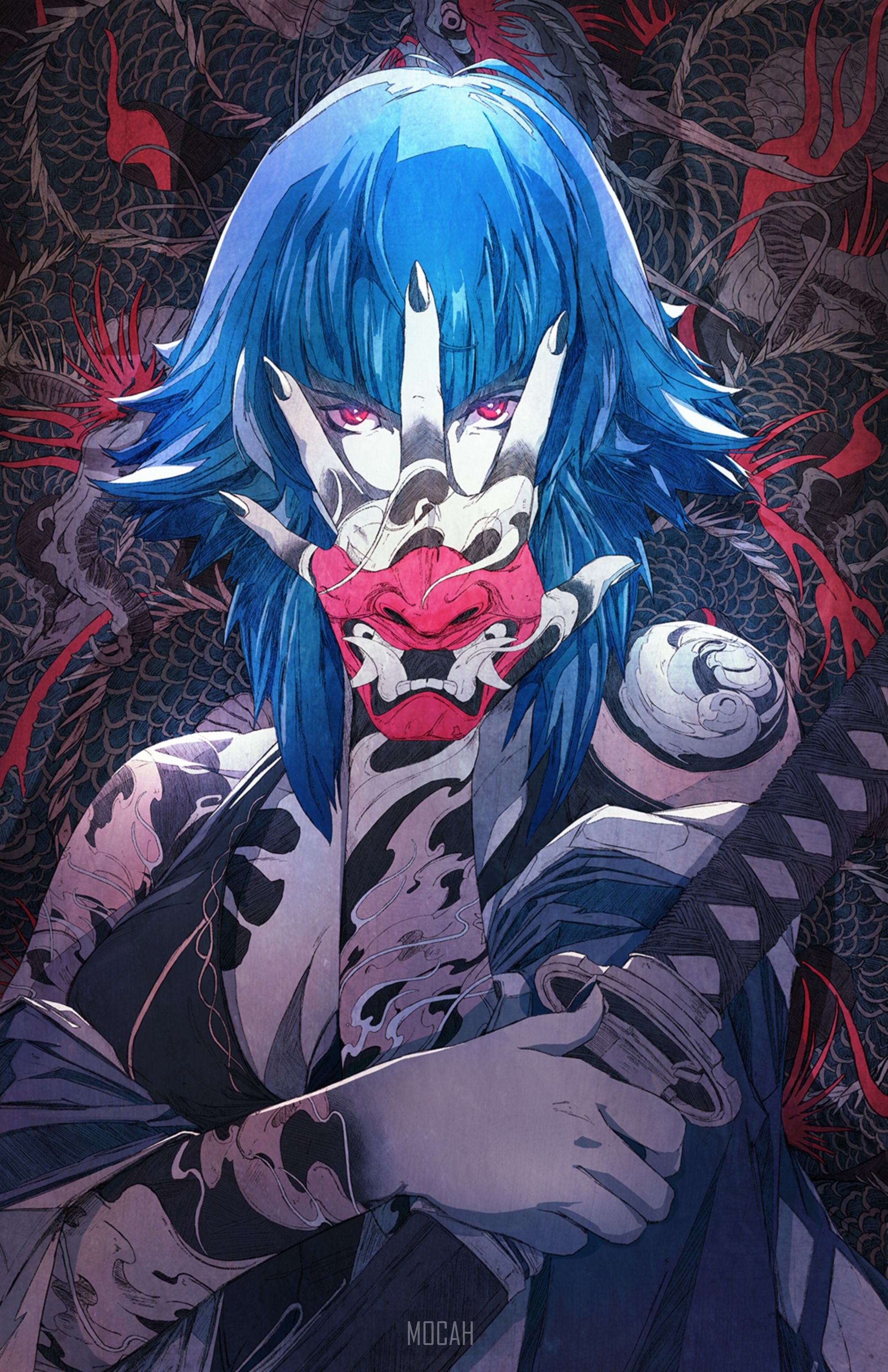 1950x3000 anime girl, original character, women, red eyes, covered face, oni mask, inked girls, tattoo, cleavage, katana, mural, dragon, Japan, Japanese Art, drawing, sketches, illustration, Chun Lo, warrior, demon, hand on face, Phone