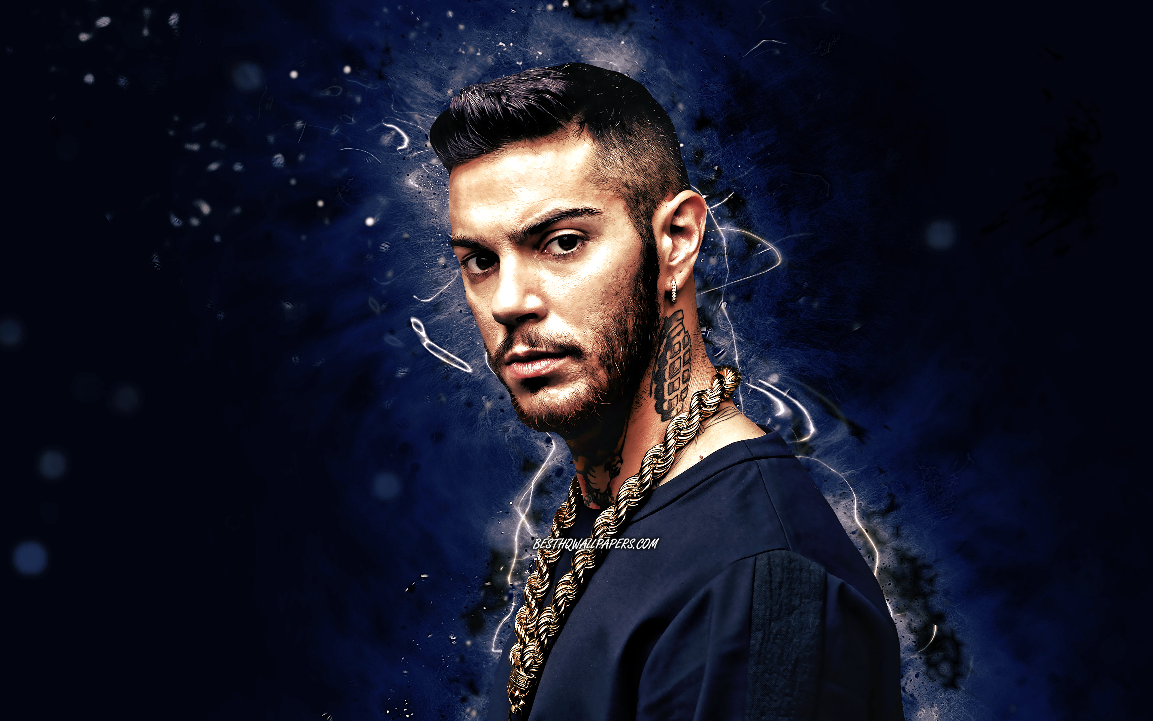 3840x2400 Download wallpaper Emis Killa, 4k, blue neon lights, italian rapper, music stars, Emiliano Rudolf Giambelli, italian celebrity, Emis Killa 4K for desktop with resolution. High Quality HD picture wallpaper, Desktop