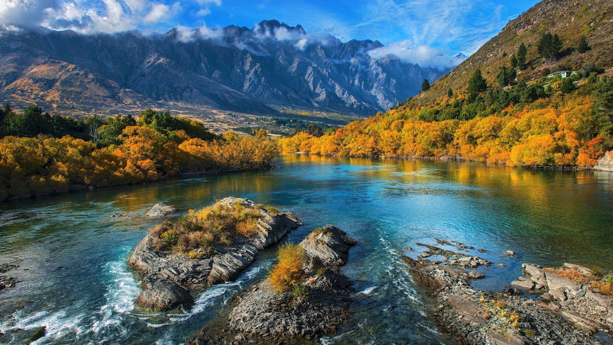 2050x1160 fall, shrubs, mountains, New Zealand, river, valley, forest, Desktop