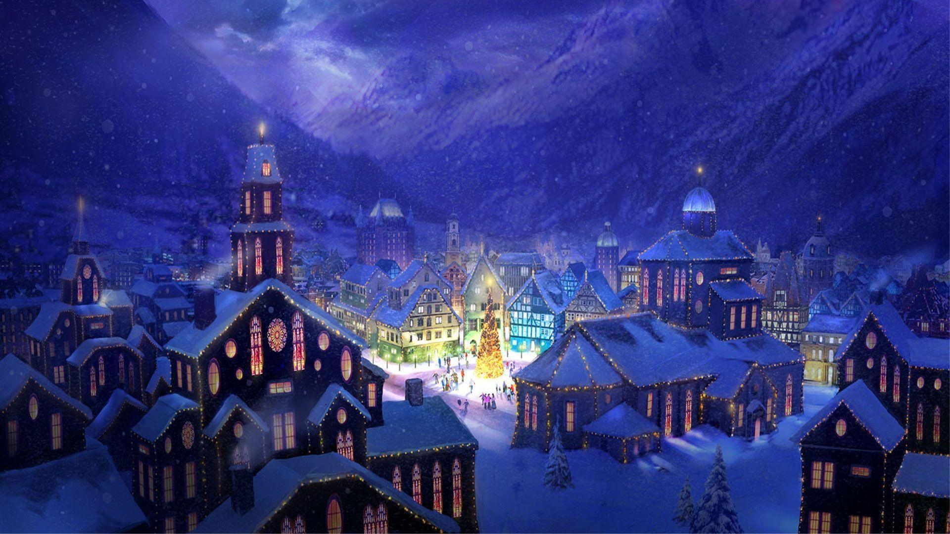 1920x1080 Snowy Christmas Town Art Computer Background Wallpaper, Desktop