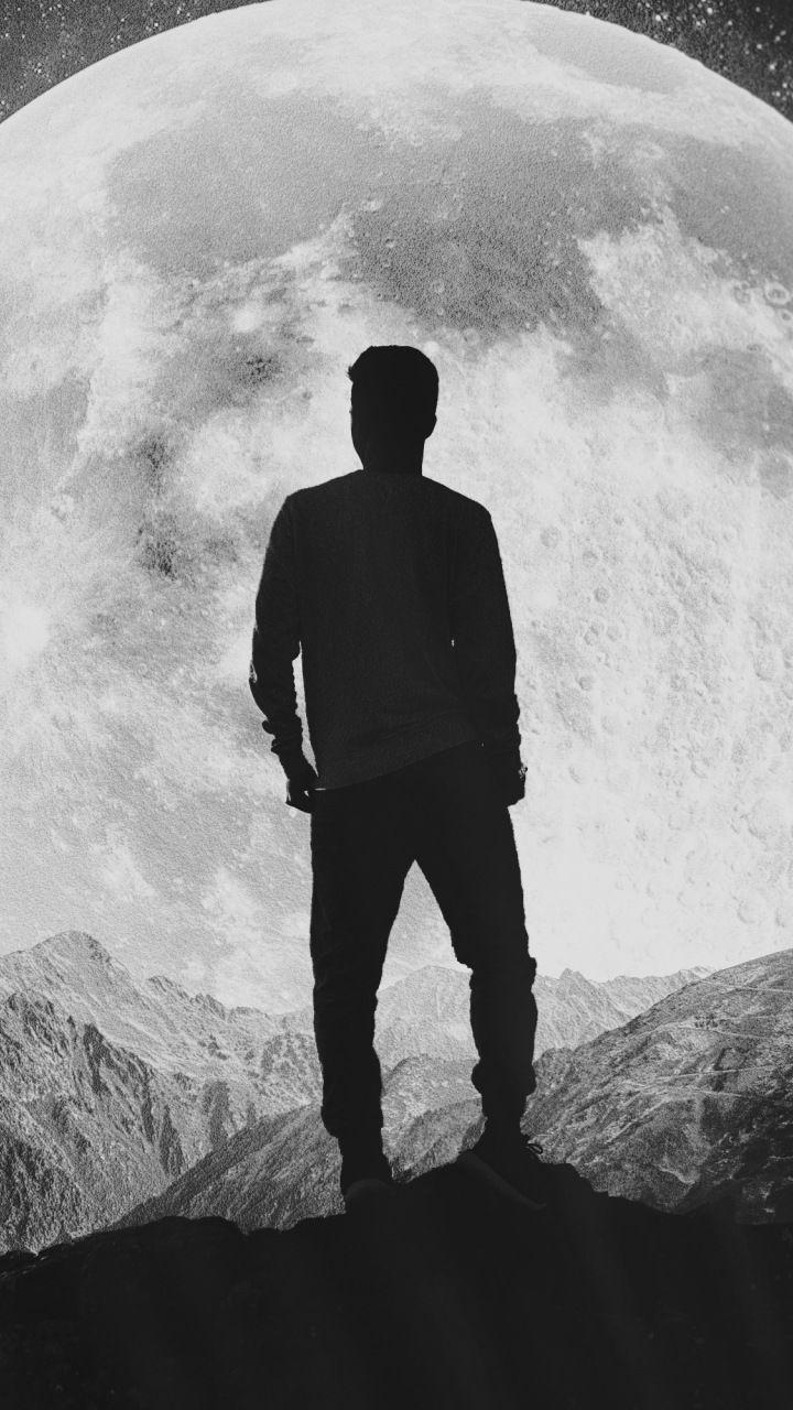 720x1280 Moon, silhouette, alone, explorer, man, mountains,  wallpaper. Alone boy wallpaper, Halloween wallpaper iphone, Halloween wallpaper background, Phone