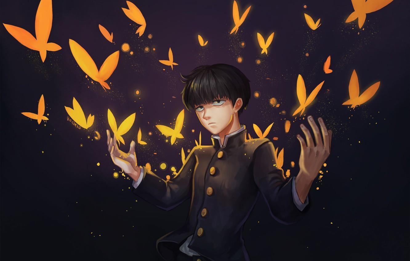 1340x850 Wallpaper butterfly, anime, art, guy, Mob Psycho Kageyama, Desktop