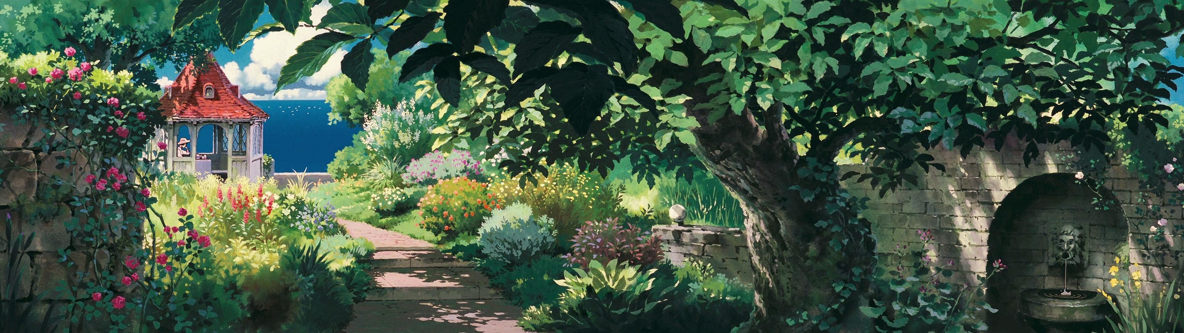 3840x1080 Studio Ghibli, Porco Rosso, Multiple display, Garden, Gazebo, Path, Dual Screen