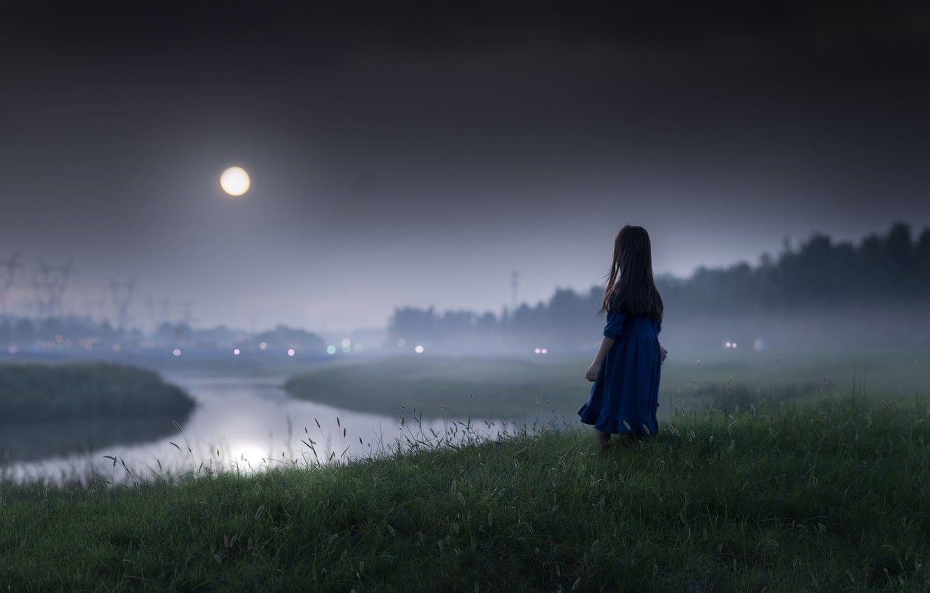 1340x850 Wallpaper night, river, mood, the moon, girl image for desktop, section настроения, Desktop