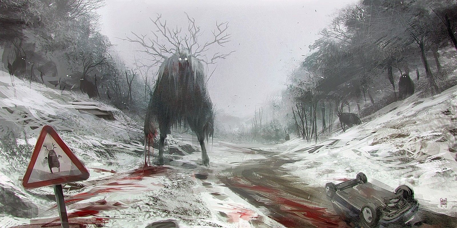 1600x800 paintings, winter, snow, dark, monsters, cars, blood, fantasy art, Dual Screen