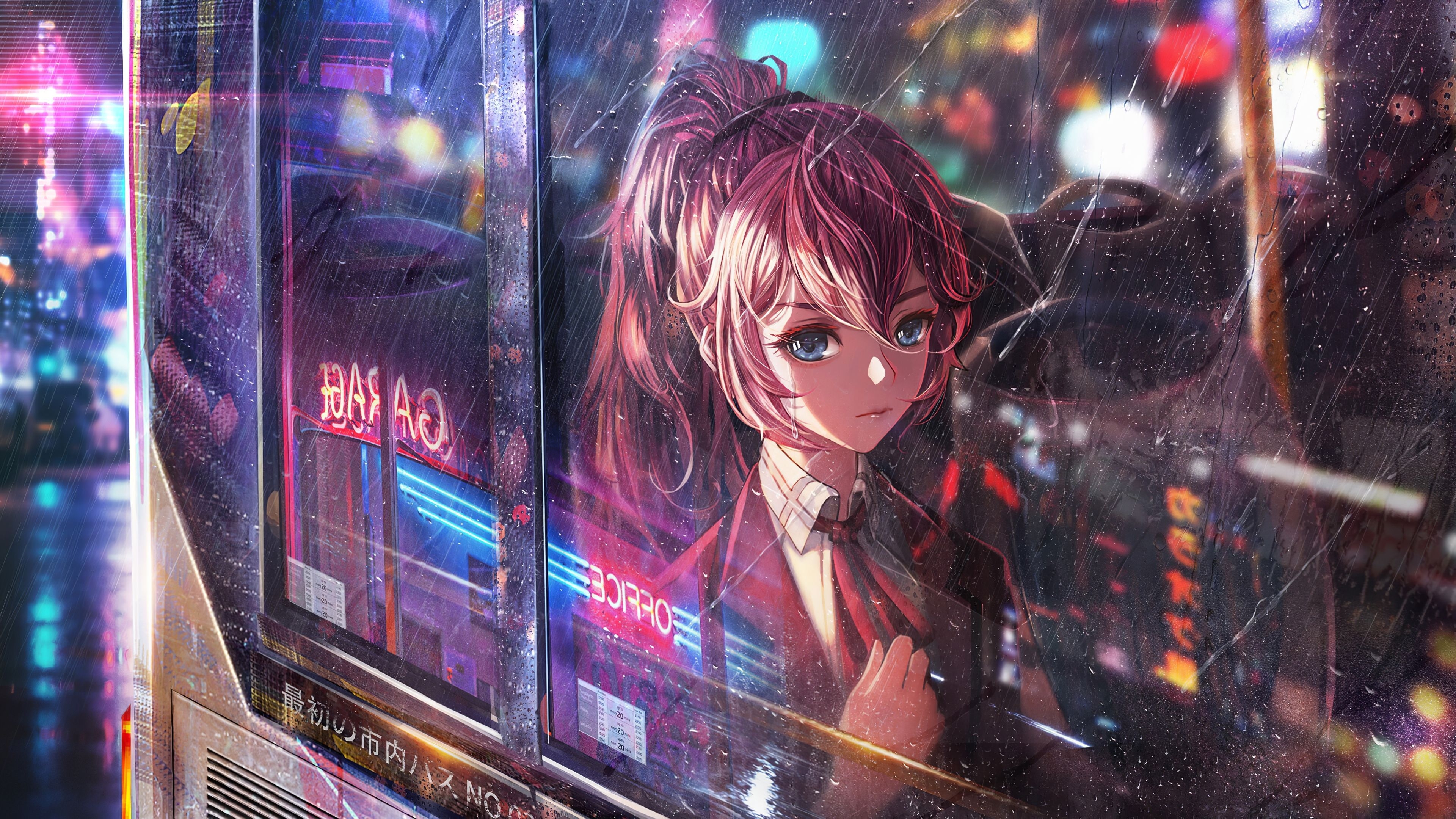 3840x2160 Anime Girl Bus Window Neon City 4k, HD Anime, 4k Wallpaper, Desktop