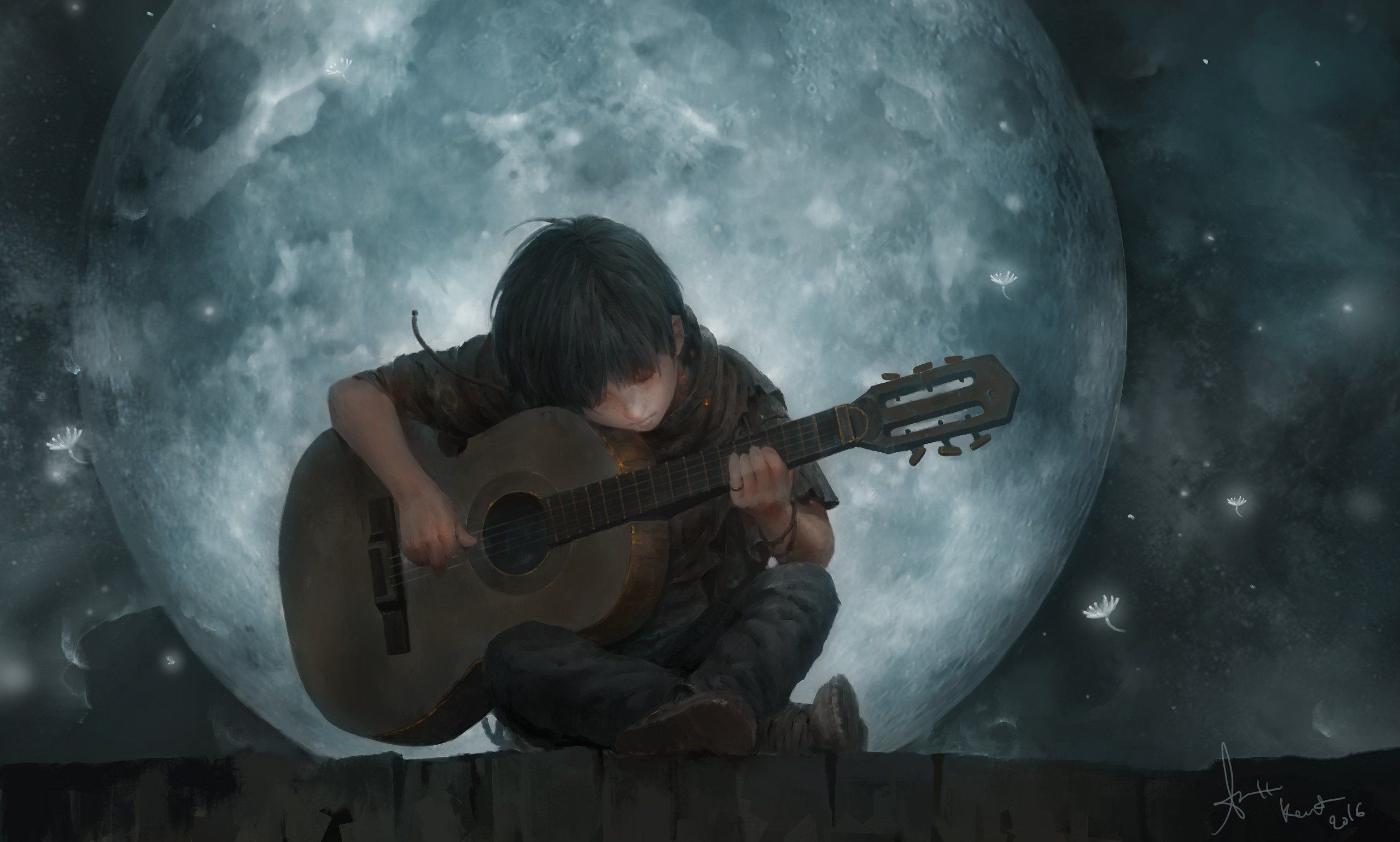 2560x1540 Fantasy art guitar boy moon wallpaperx1540, Desktop