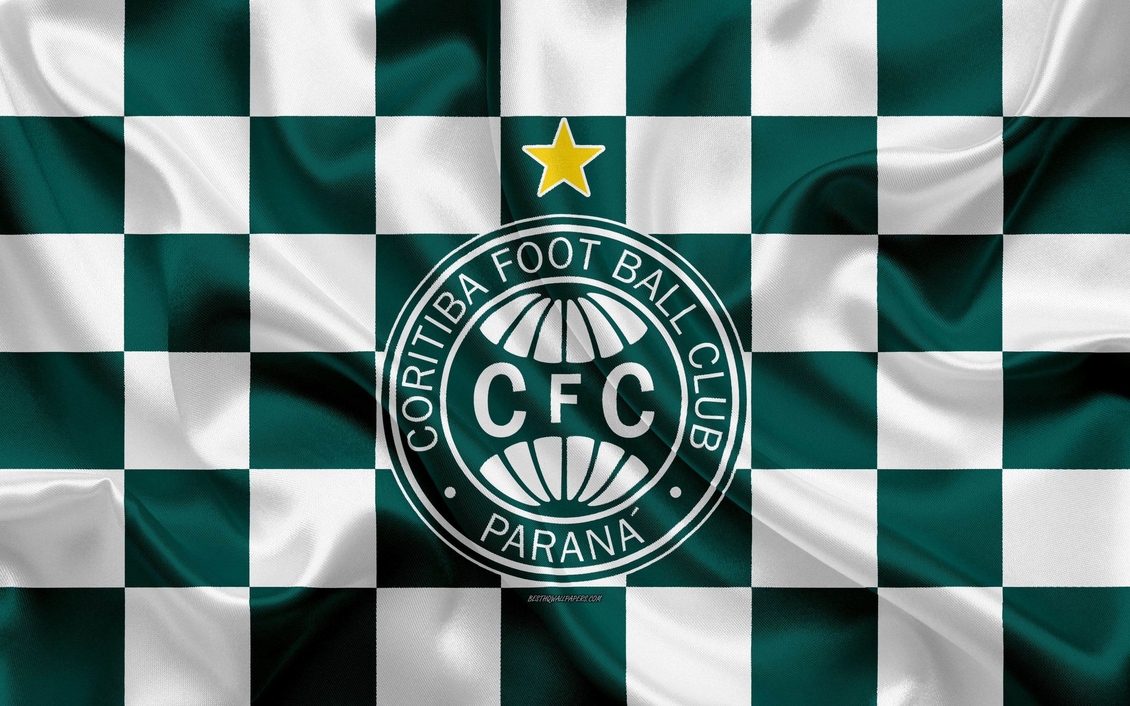 3840x2400 Download wallpaper Coritiba FC, 4k, logo, creative art, green and white checkered flag, Brazilian football club, Serie A, emblem, silk texture, Curitiba, Brazil for desktop with resolution. High Quality HD picture, Desktop