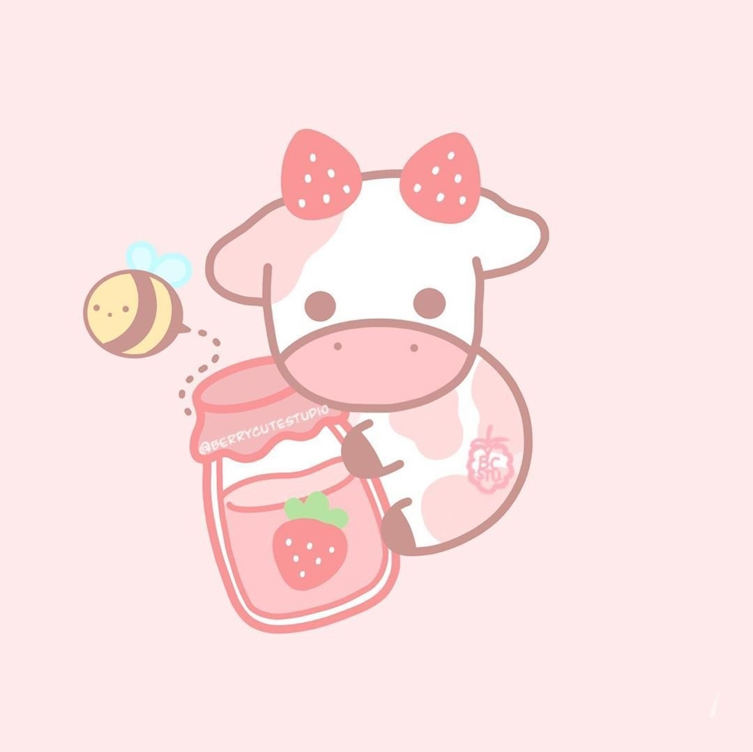 1080x1080 Janie's Instagram photo: “Strawberry cow! I wanted to draw something cute! So I designed a new sticker!. Cute animal drawings kawaii, Cute drawings, Cow wallpaper, Desktop