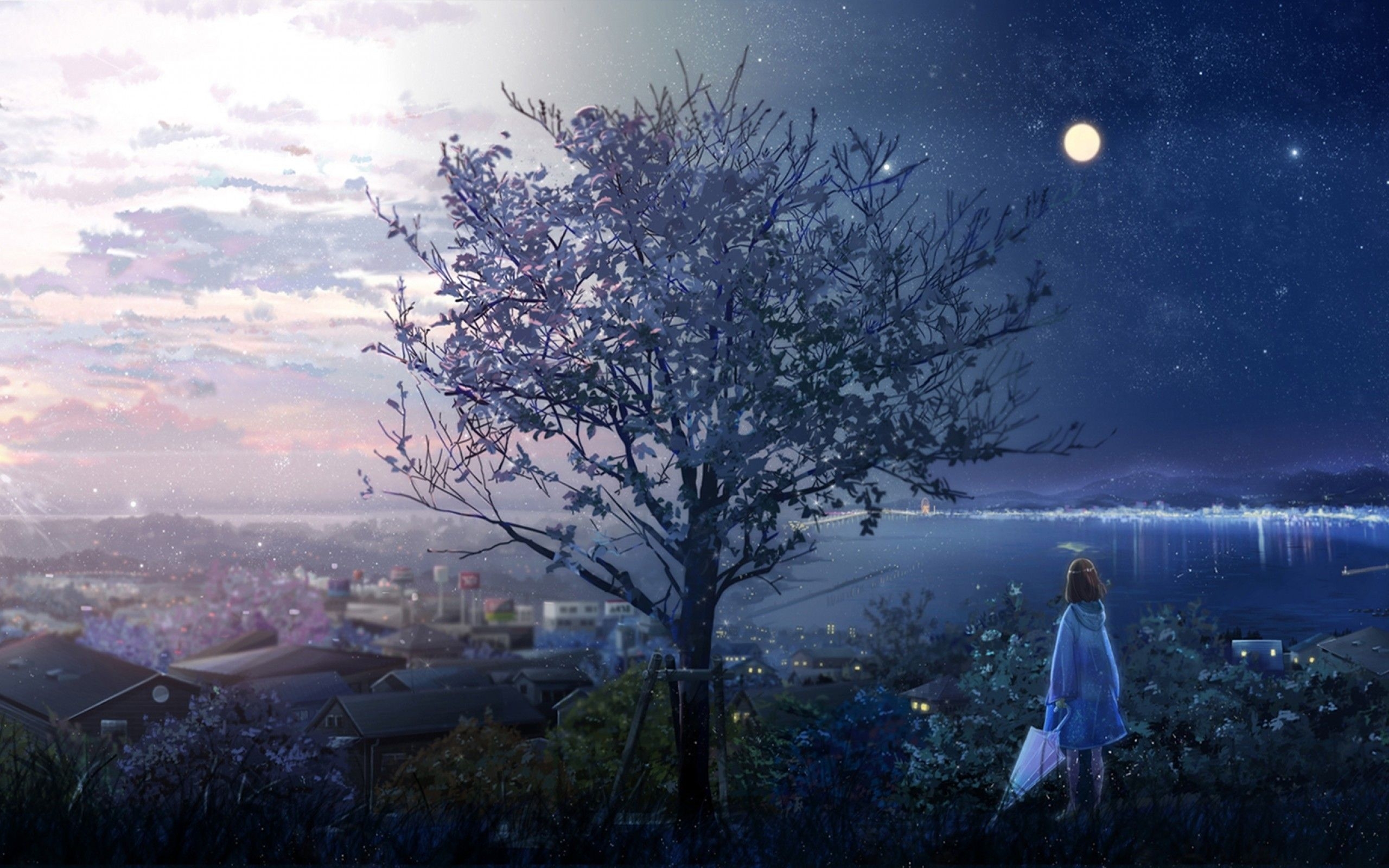 2560x1600 Download  Anime Girl, Lonely Tree, Moon, Stars, Sunrise, Desktop