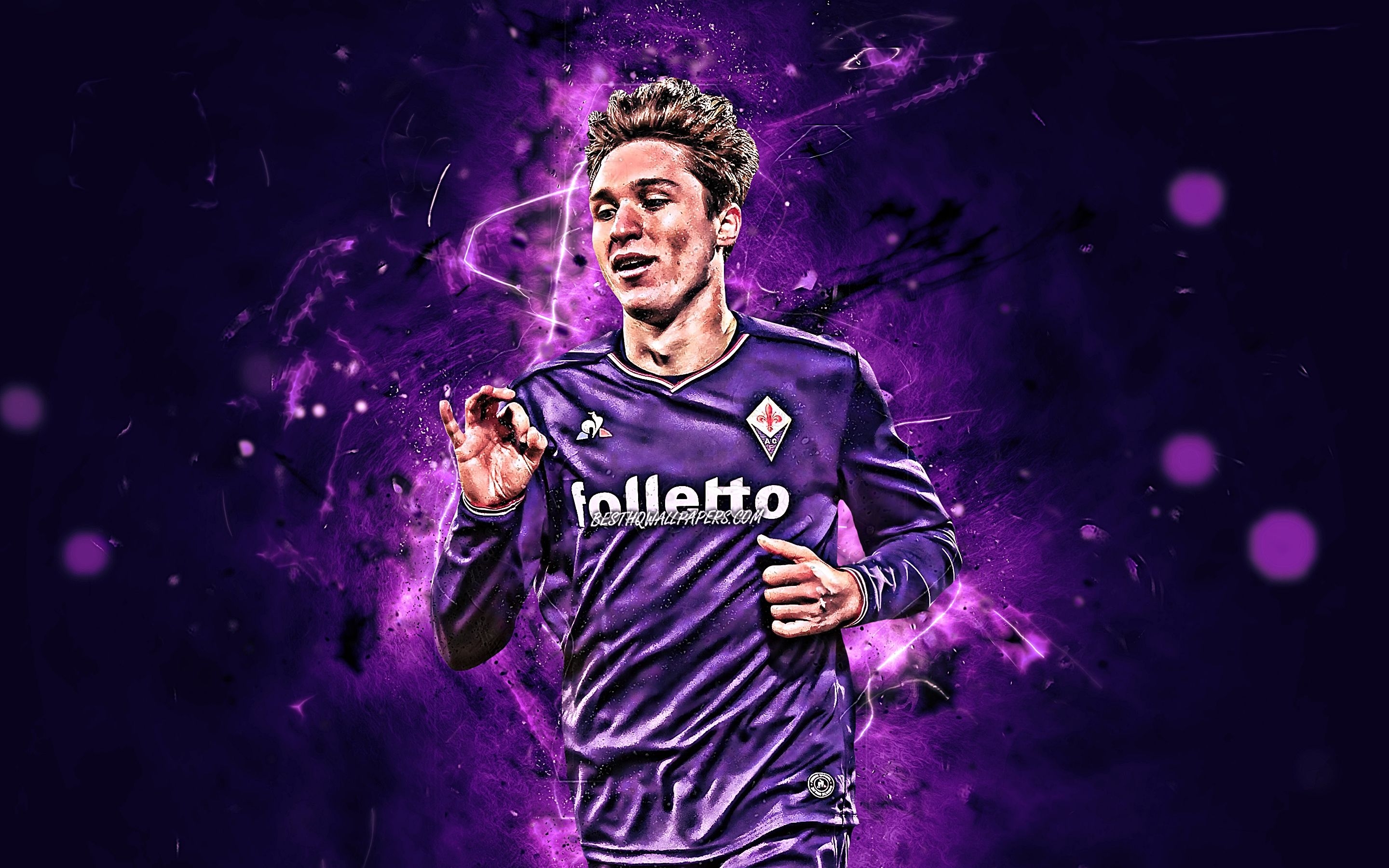 2880x1800 Download wallpaper Federico Chiesa, italian footballers, Fiorentina FC, goal, soccer, Serie A, Chiesa, football, neon lights, Italy, abstract art for desktop with resolution. High Quality HD picture wallpaper, Desktop