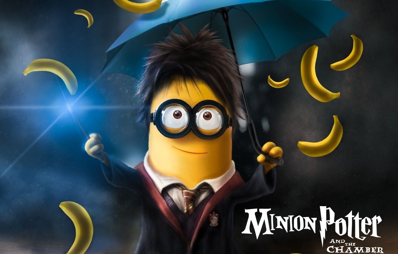 1340x850 Wallpaper fantasy, school uniform, yellow, umbrella, movie, Harry Potter, funny, glasses, film, Minions, bananas, Minion, parody, costumes, magic wand, Minion Potter image for desktop, section фильмы, Desktop