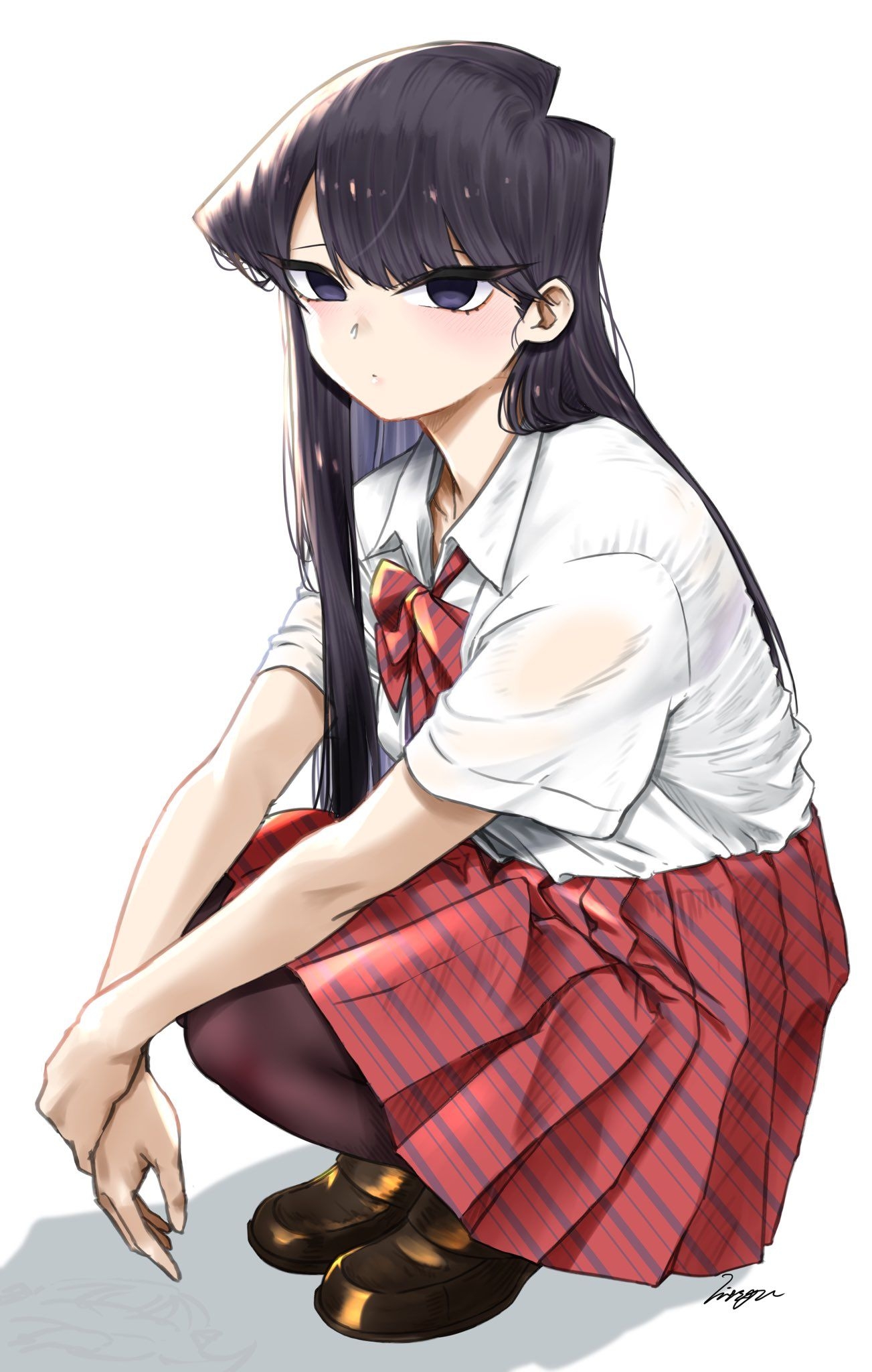 1310x2050 Wallpaper, Komi san wa Comyushou desu, anime girls, pantyhose, school uniform, JK, thighs, small boobs, blushing, long hair, black hair, Komi Shouko, looking at viewer, see through clothing, 2D, simple background, Phone