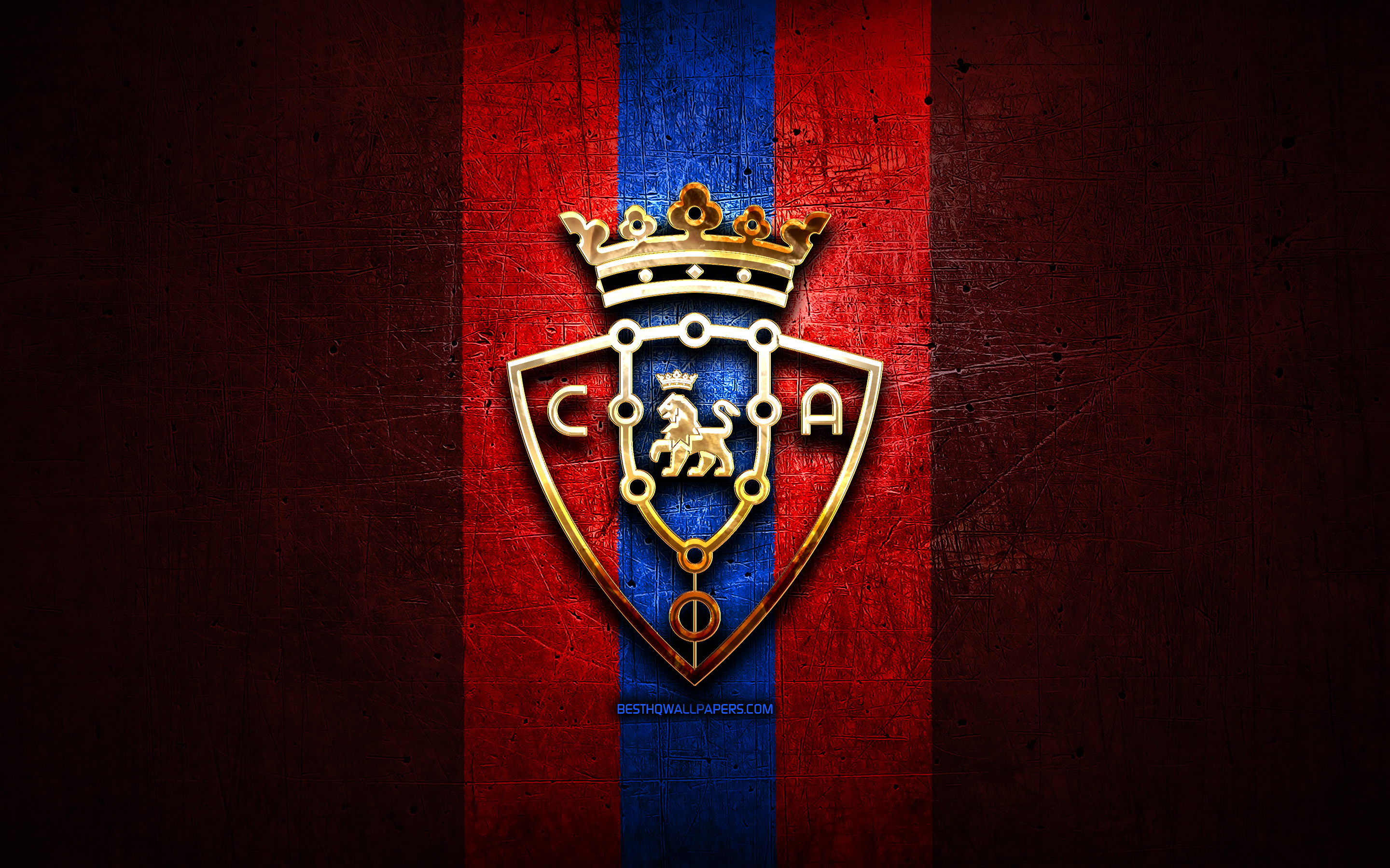 2880x1800 Download wallpaper Osasuna, golden logo, La Liga, red metal background, football, CA Osasuna, spanish football club, Osasuna logo, soccer, LaLiga, Spain for desktop with resolution. High Quality HD picture wallpaper, Desktop