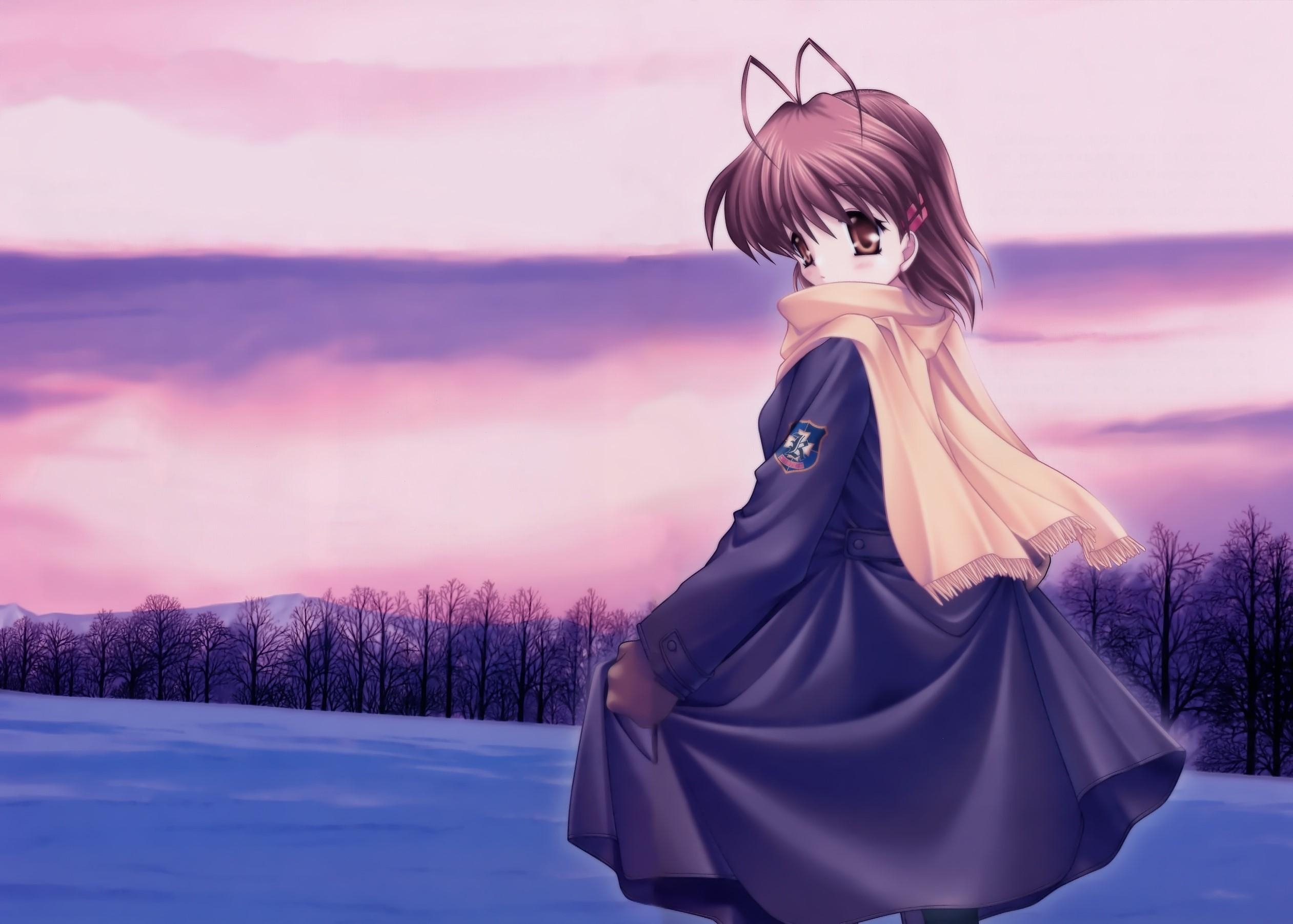 2530x1810 Clannad, Furukawa nagisa, Girl, Scarf, Winter, Snow, Sunset, Desktop