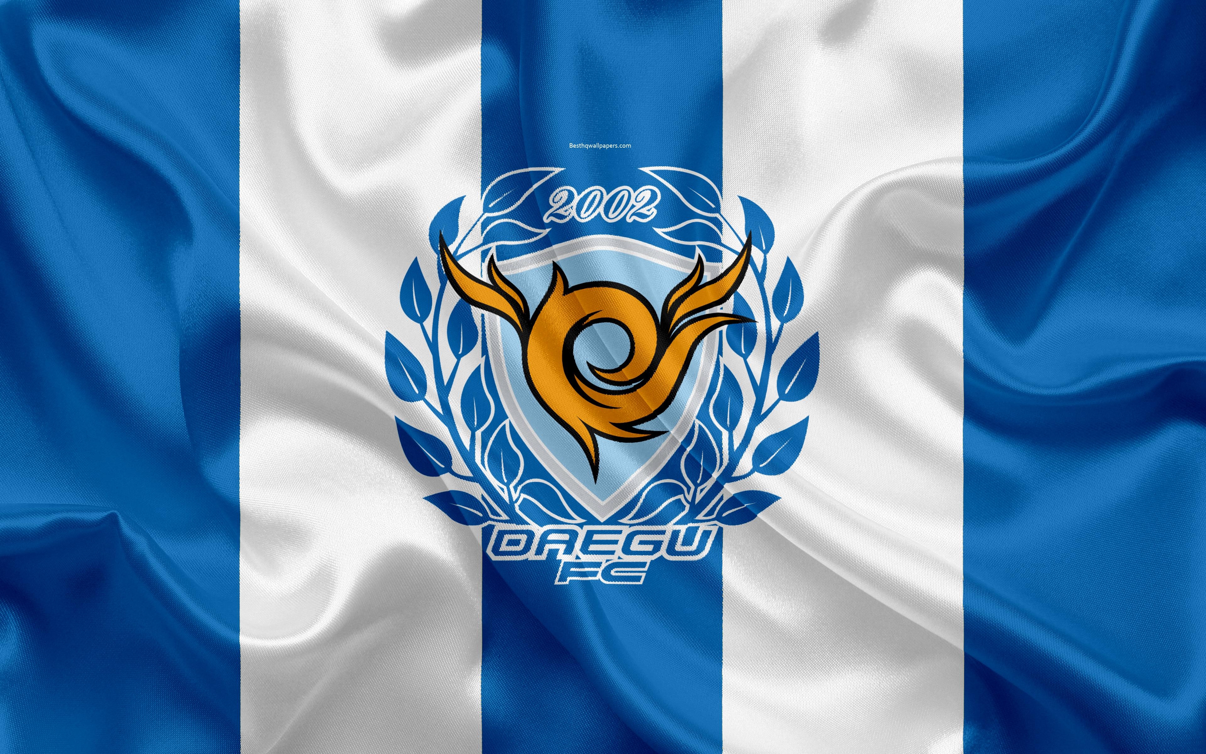 3840x2400 Download wallpaper Daegu FC, silk flag, 4k, logo, emblem, blue silk, Desktop