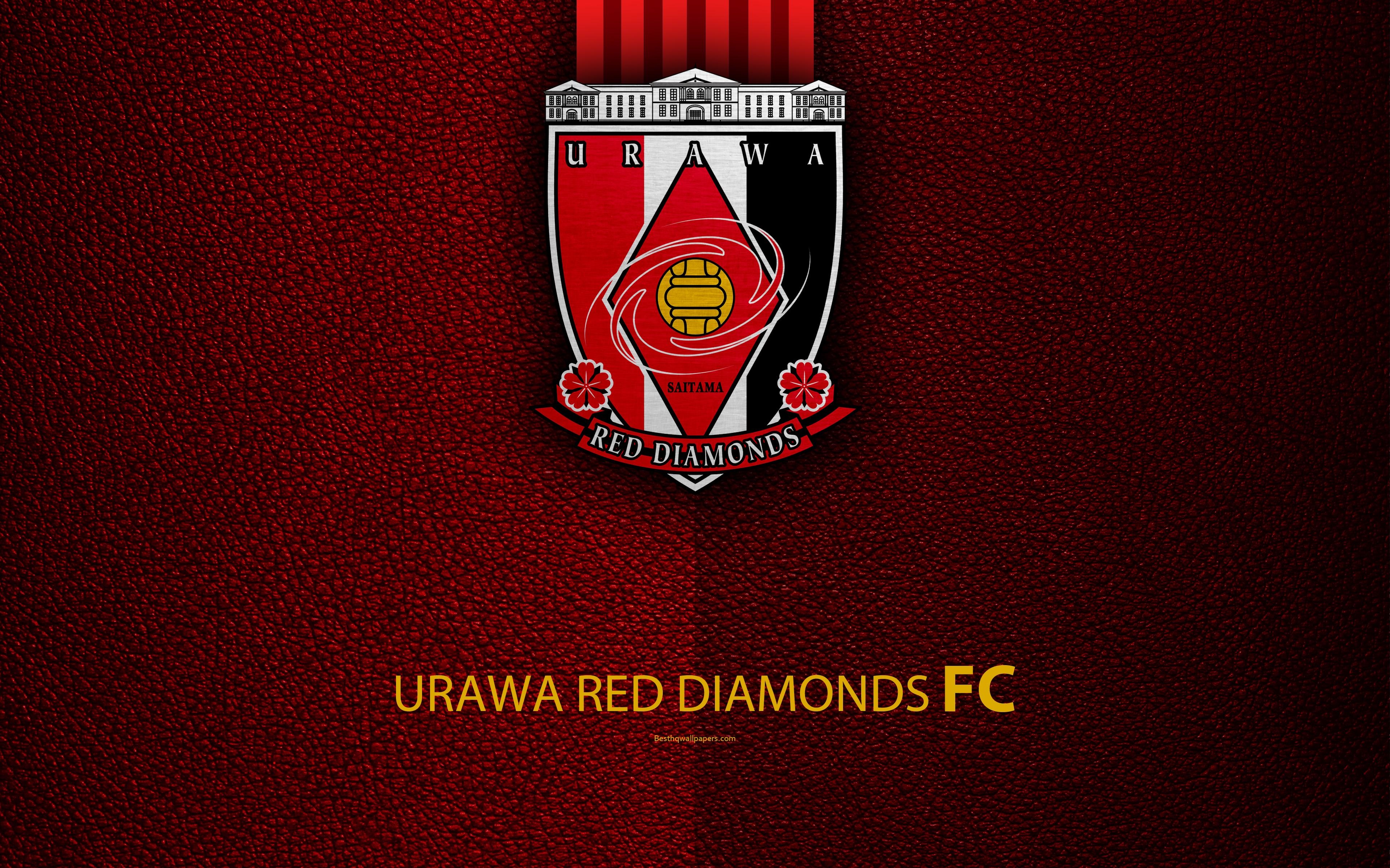 3840x2400 Download wallpaper Urawa Red Diamonds FC, 4k, logo, leather texture, Desktop