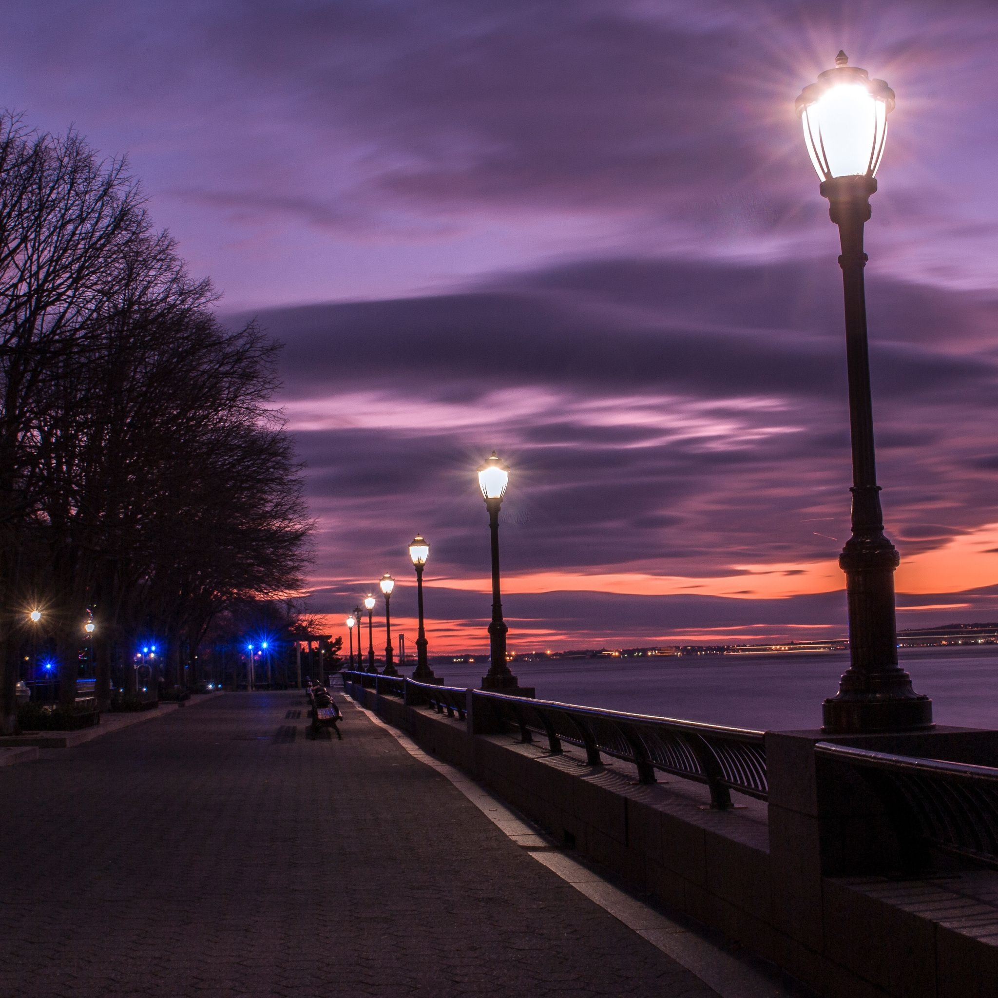 2050x2050 Evening Street Lamp Beside Bay 4k iPad Air HD 4k Wallpaper, Image, Background, Photo and Picture, Phone